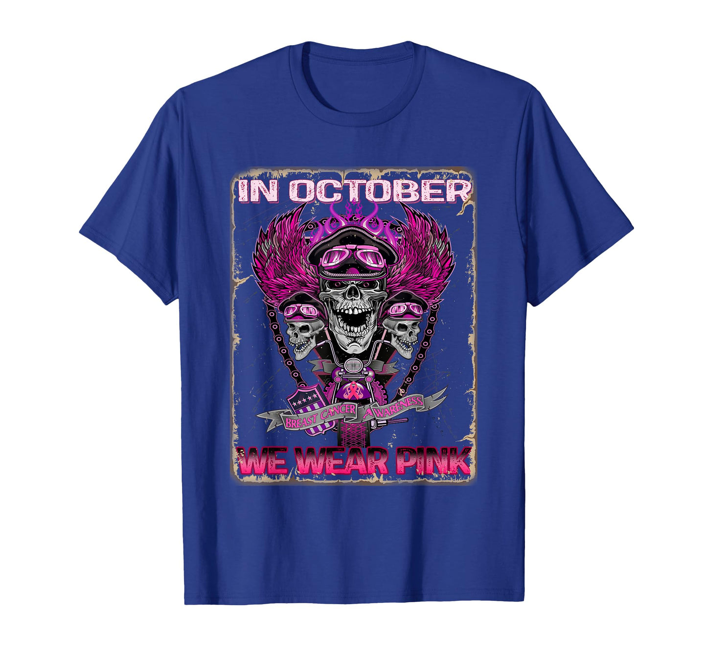 In October We Wear Pink Motorcycle Breast Cancer Biker Skull T-Shirt
