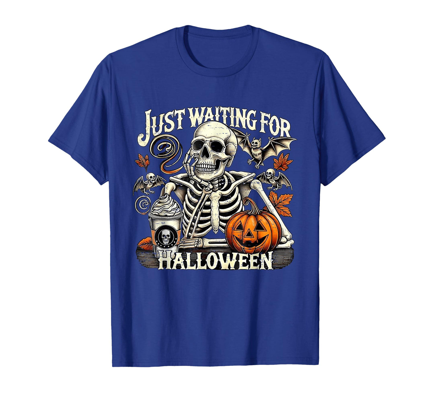 Retro Just Waiting for Halloween Skeleton Pumpkin T-Shirt
