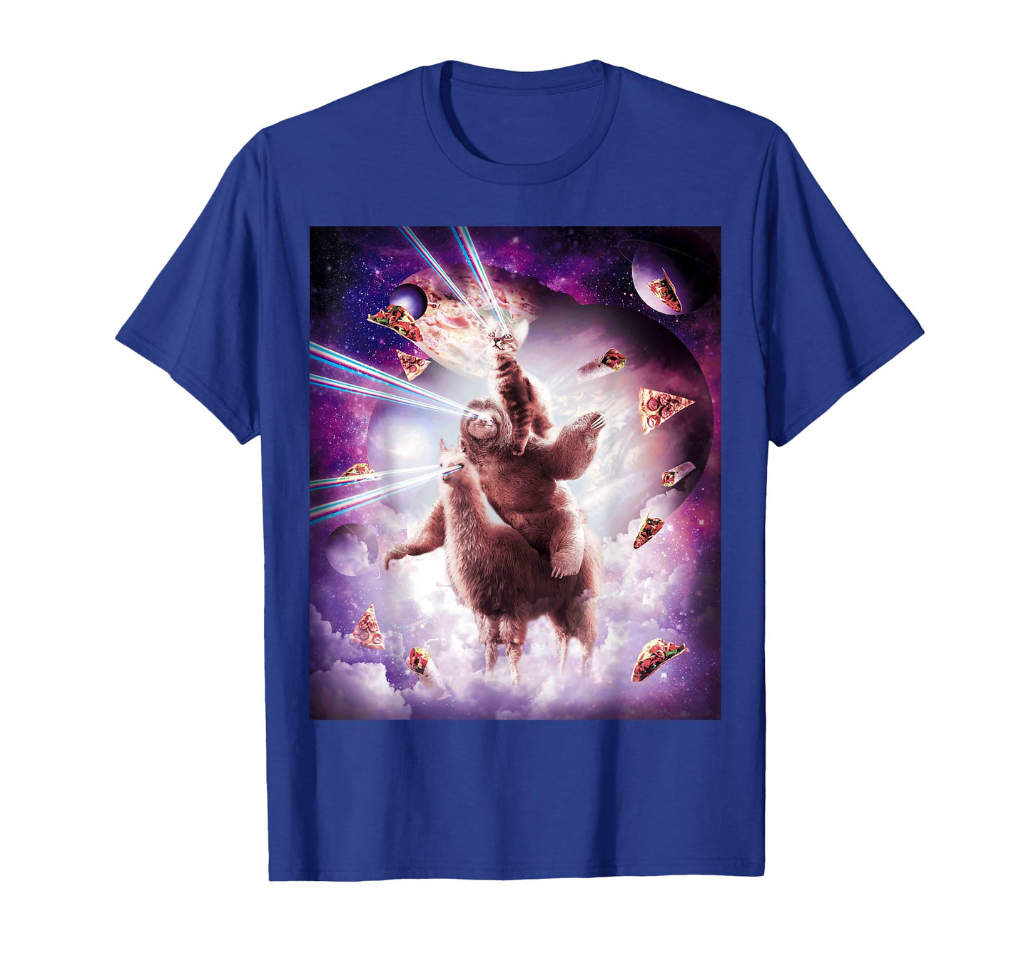 Laser Eyes Space Cat Riding Sloth, Llama - Rainbow T-Shirt