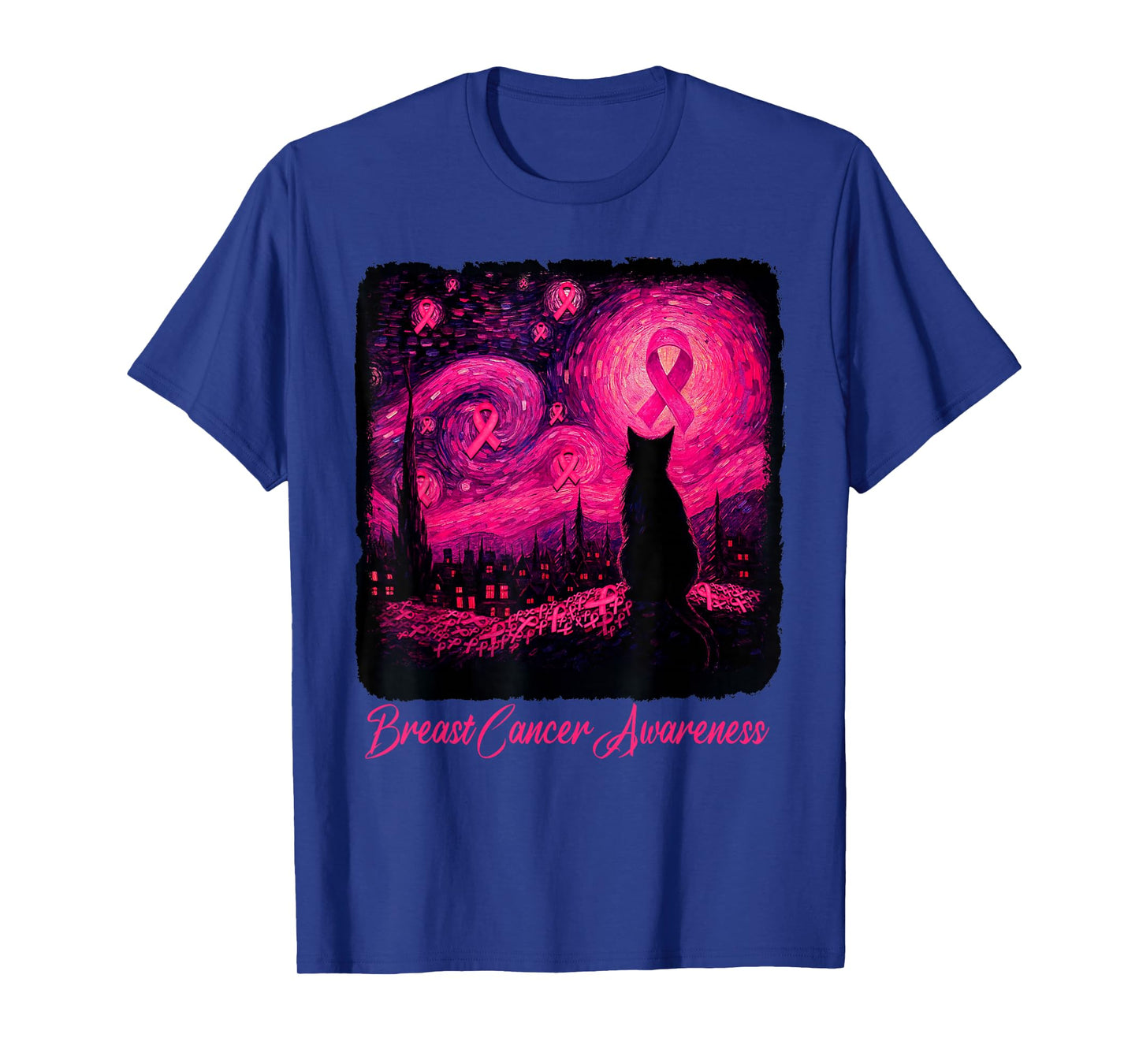 Starry Night Van Gogh Cat Halloween Breast Cancer Awareness T-Shirt