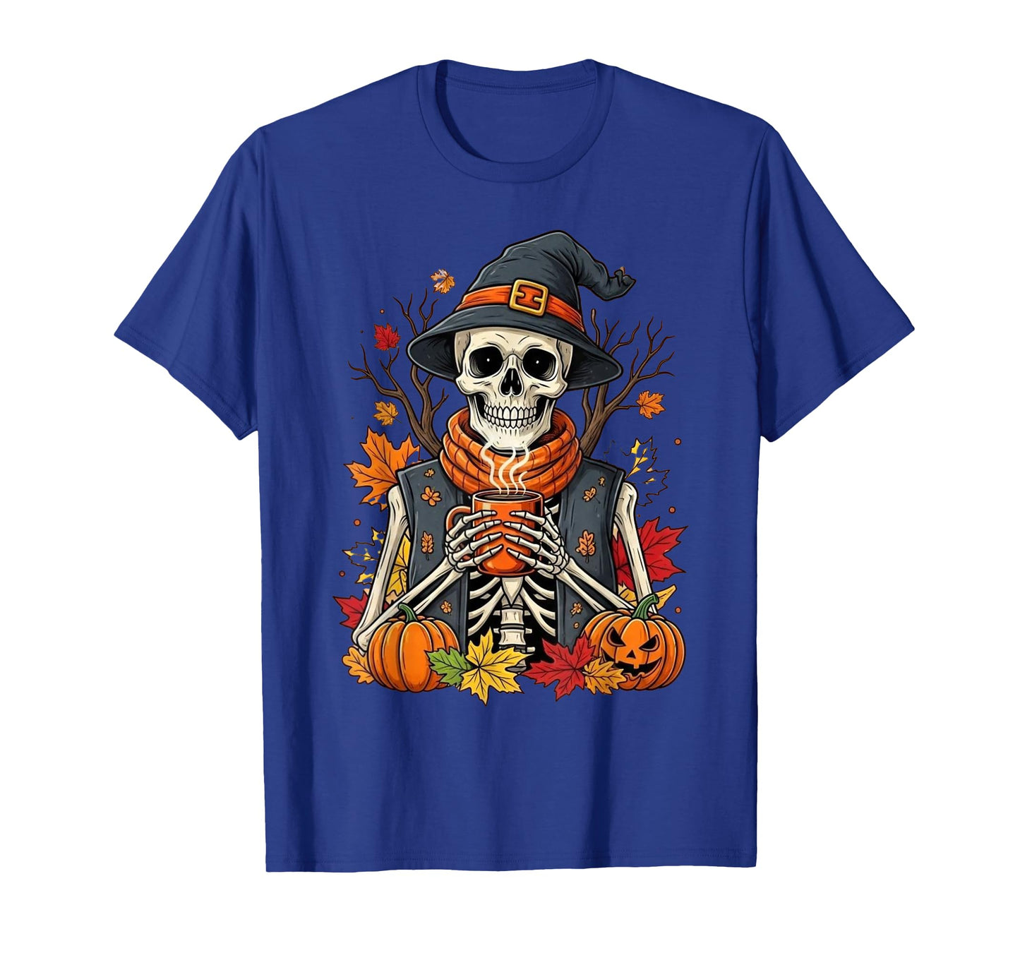 Comfy Fall Skeleton Drinking Coffee – Funny Spooky Halloween T-Shirt