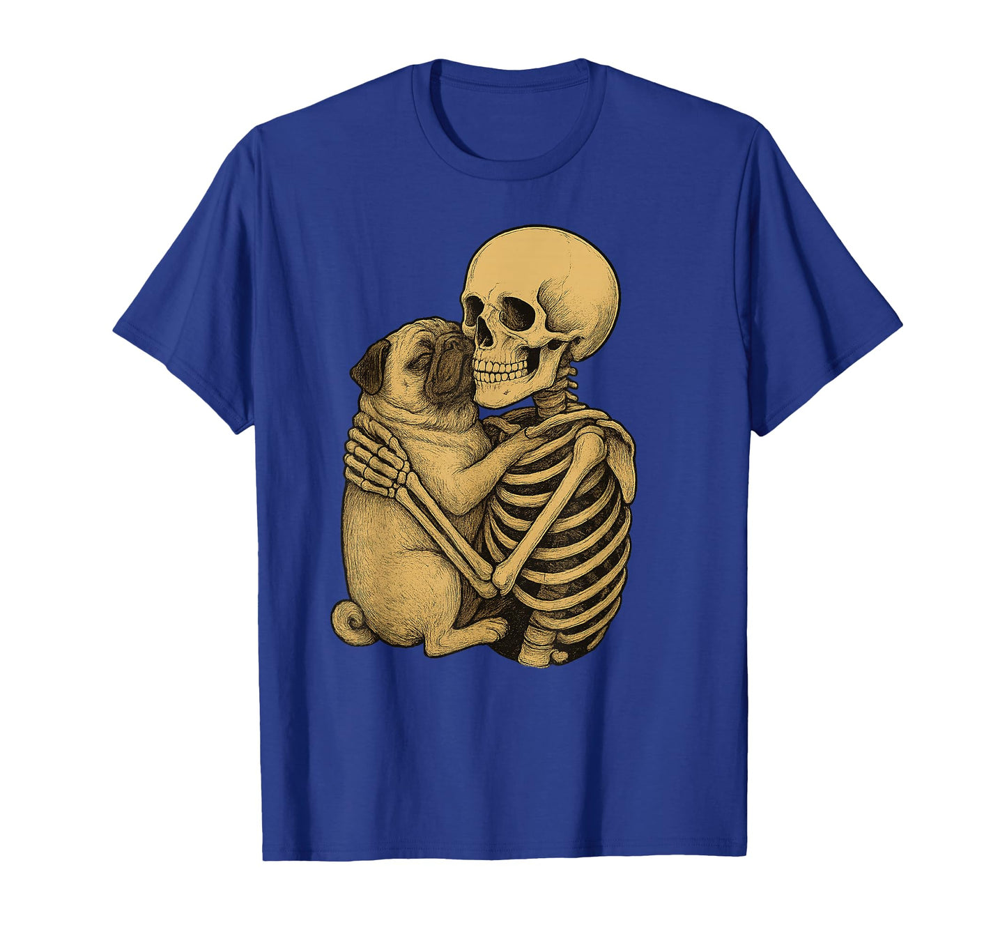 Skeleton Hugging Pug Dog Halloween T-Shirt