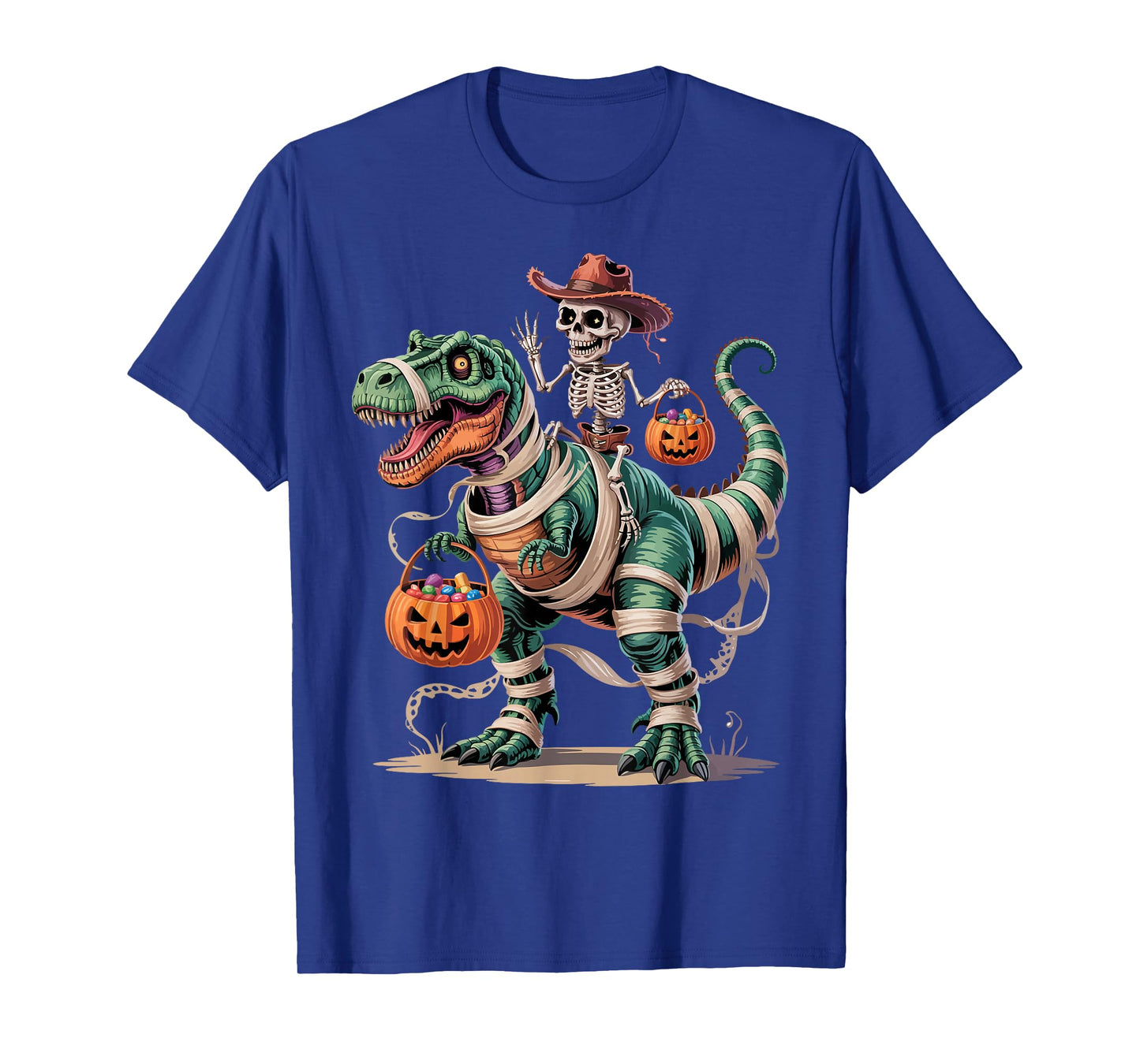 Funny Cowboy Skeleton Riding Mummy Dinosaur T rex Halloween T-Shirt