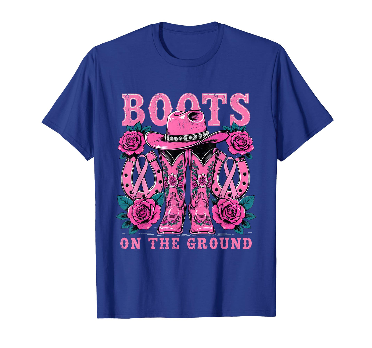 Boots On The Ground Pink Western Cowgirl Breast Cancer T-Shirt