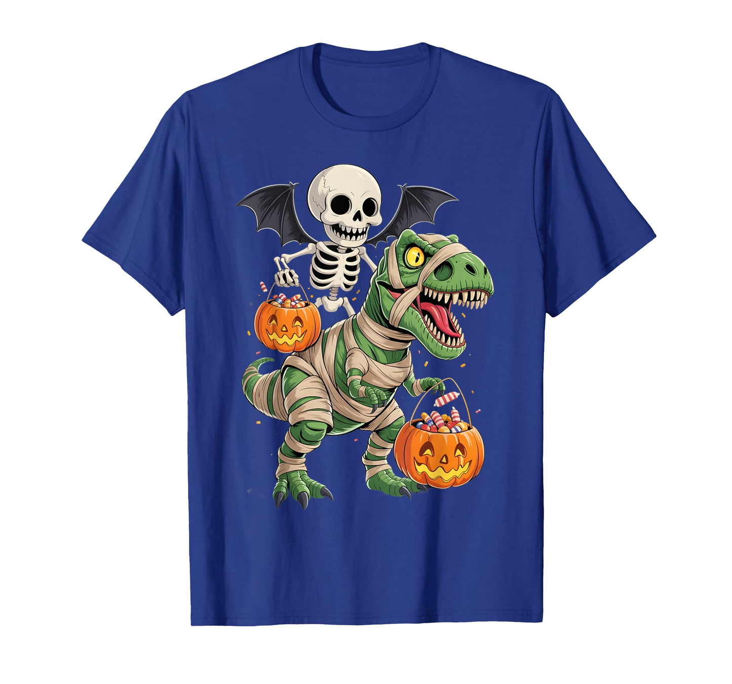 Skeleton Riding Mummy Dinosaur T rex Halloween Pumpkin Gifts T-Shirt