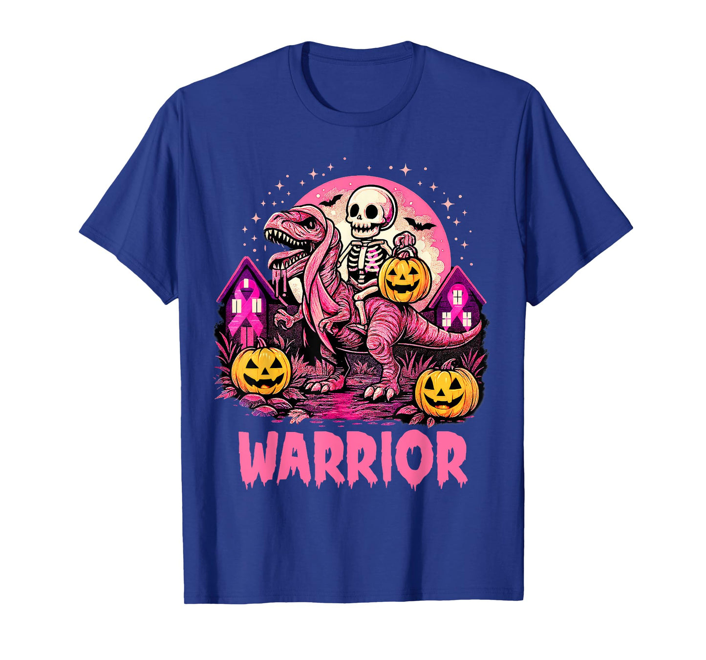 Skeleton Riding Dinosaur Scary Night Pumpkin Breast Cancer T-Shirt