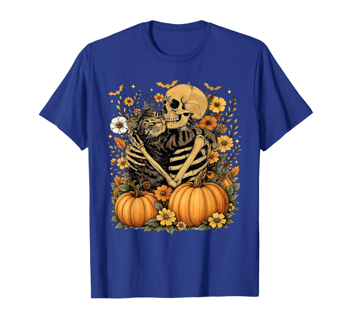 Skeleton Hugging Cat Floral Halloween Cats Lover T-Shirt