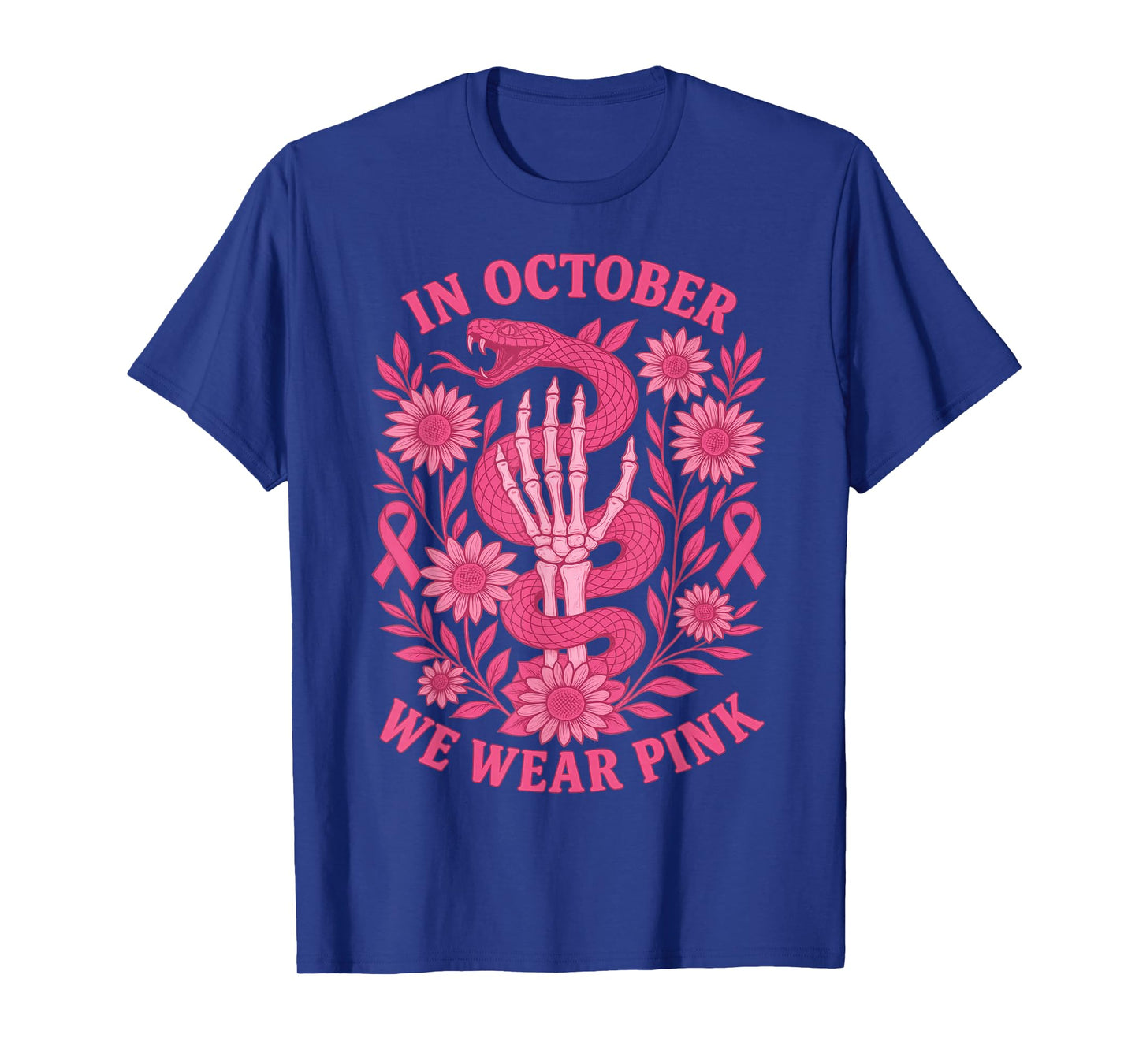 in October We Wear Pink Ribbon Snake Skeleton Hand Womens T-Shirt