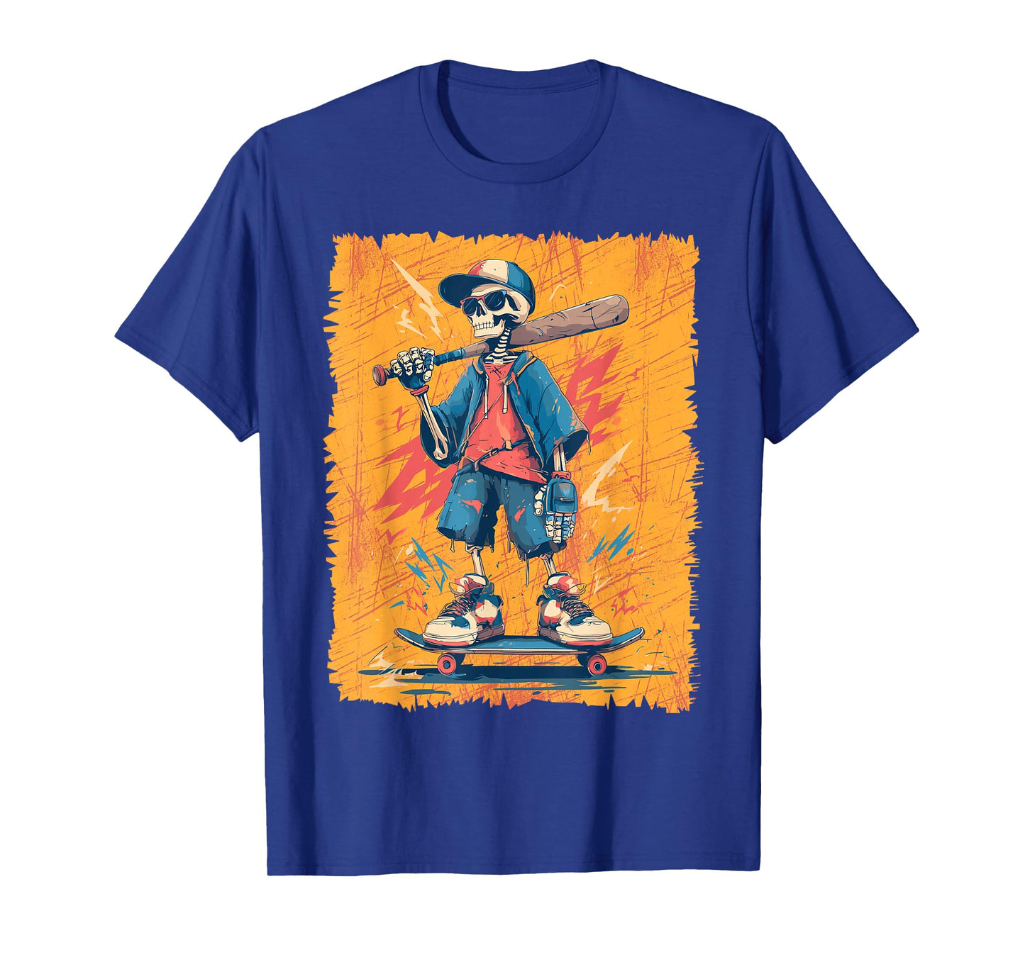 Halloween Skeleton Skater Baseball Bat Graffiti Graphic T-Shirt