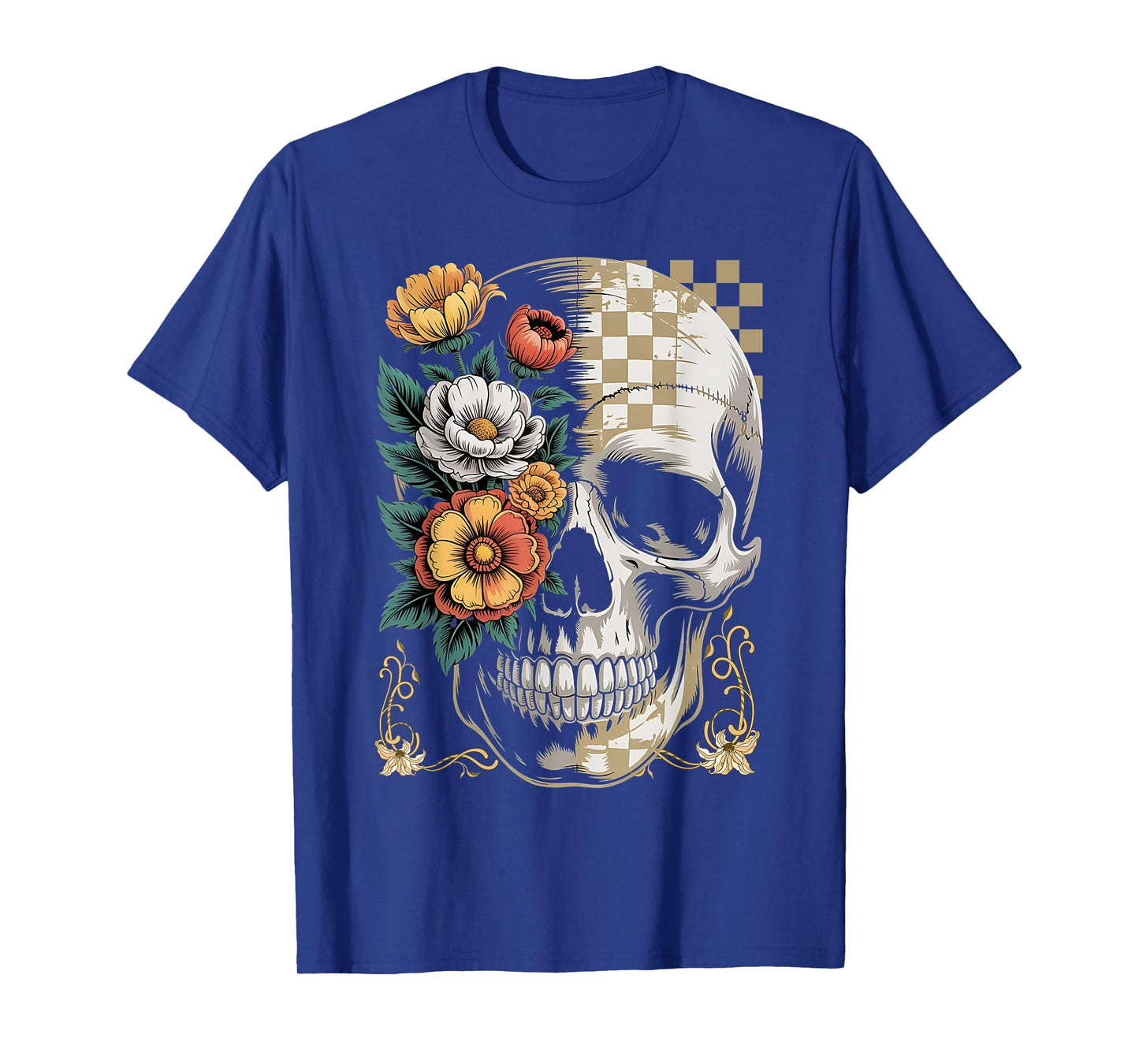 Retro Halloween Floral Autumn Skull Funny Spooky Skeleton T-Shirt