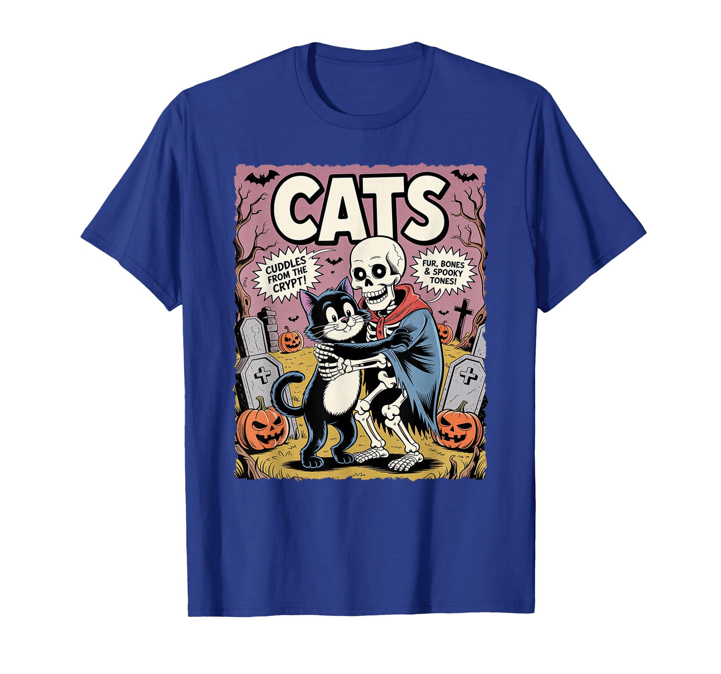 Cute Cat Hug Skeleton Funny Spooky Halloween Comic Pajama T-Shirt