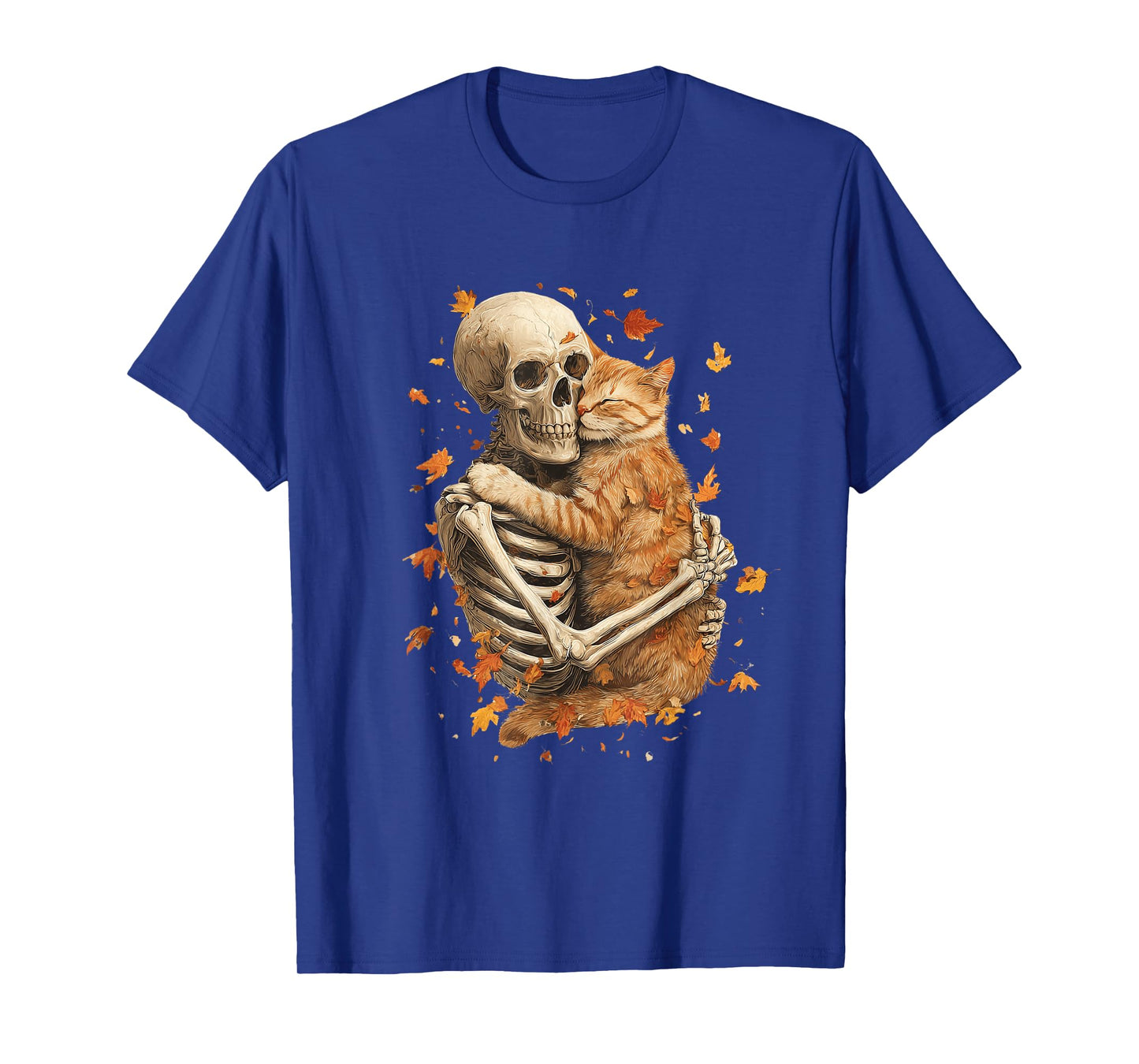 Skeleton Hug Cat Fall Leaves Funny Halloween Goth Spooky T-Shirt