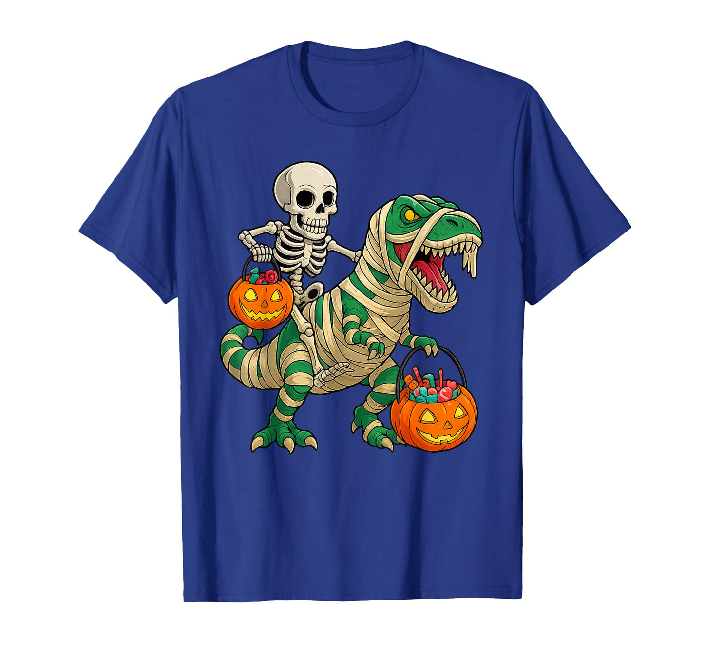 Skeleton Riding Mummy Dinosaur T rex Halloween Pumpkin Gifts T-Shirt