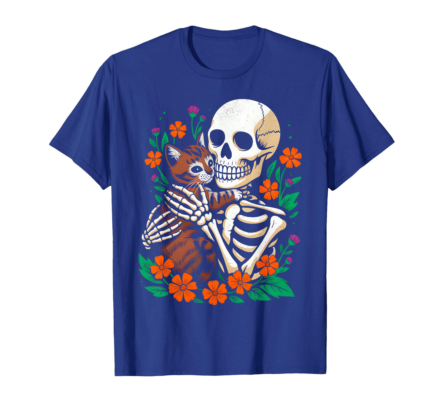 Skeleton Hugging Cat Floral Funny Halloween Cats Lover T-Shirt
