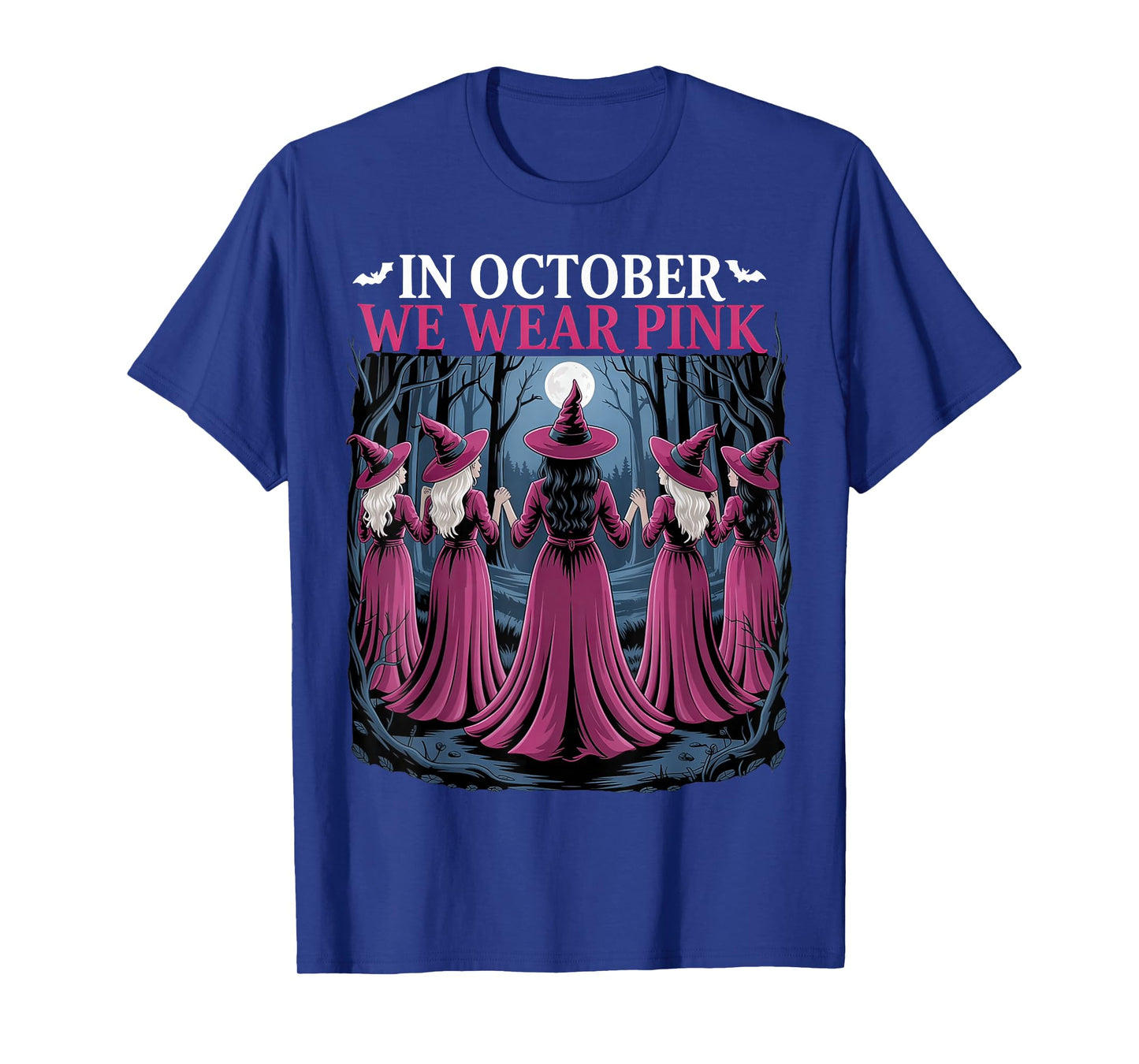 in October We Wear Pink Witch Halloween Breast Cancer T-Shirt