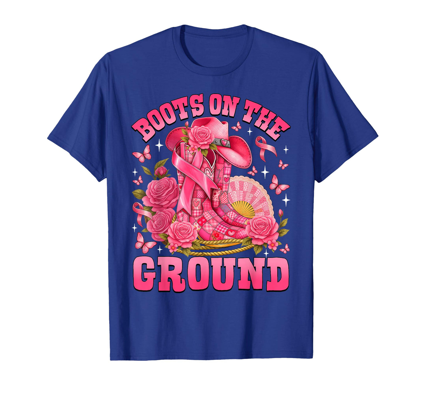 Boots On The Ground Pink Cowgirl Patchwork Breast Cancer T-Shirt