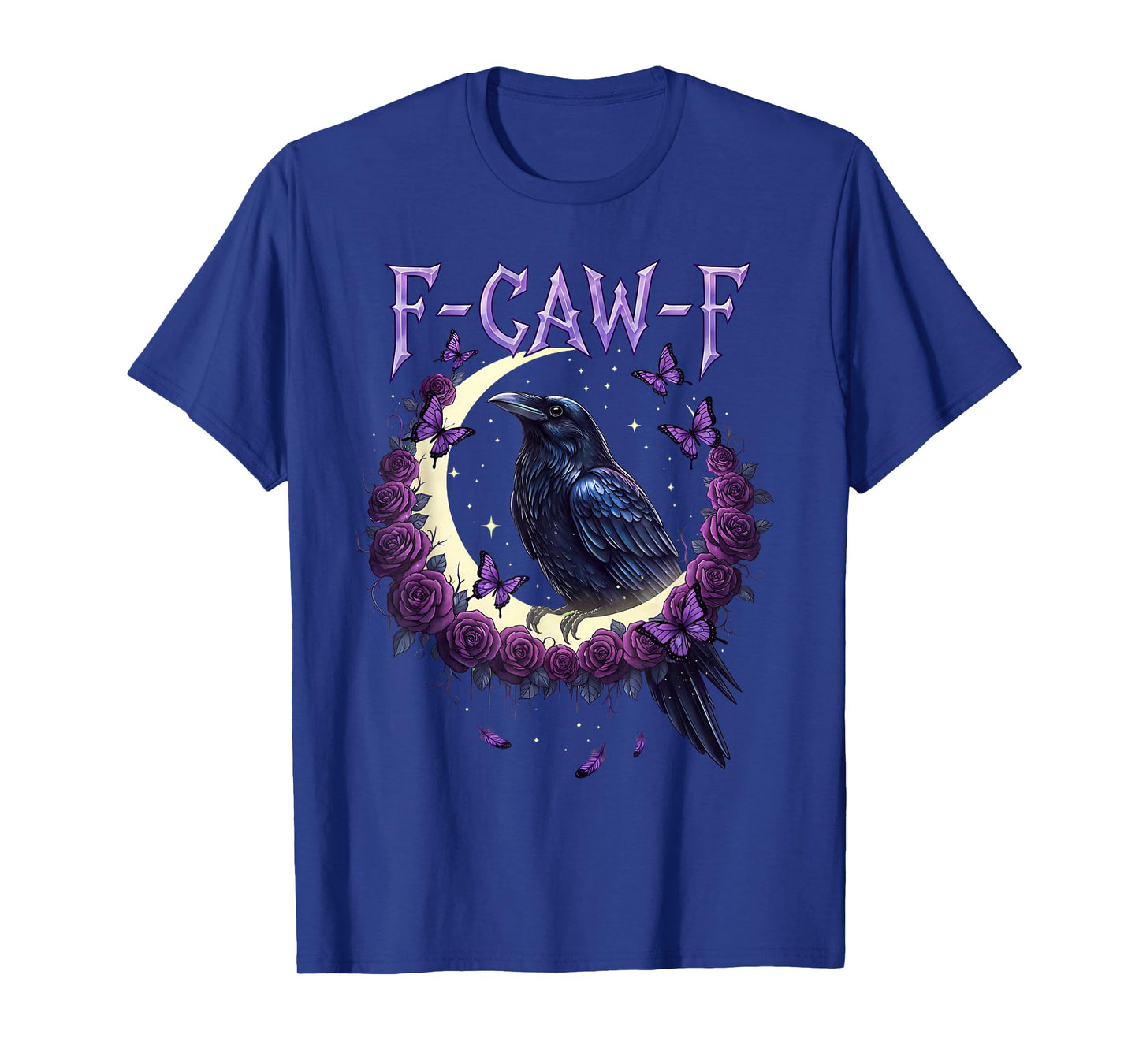 F CAW F Gothic Raven Crow Moon Roses Dark Fantasy Butterfly T-Shirt