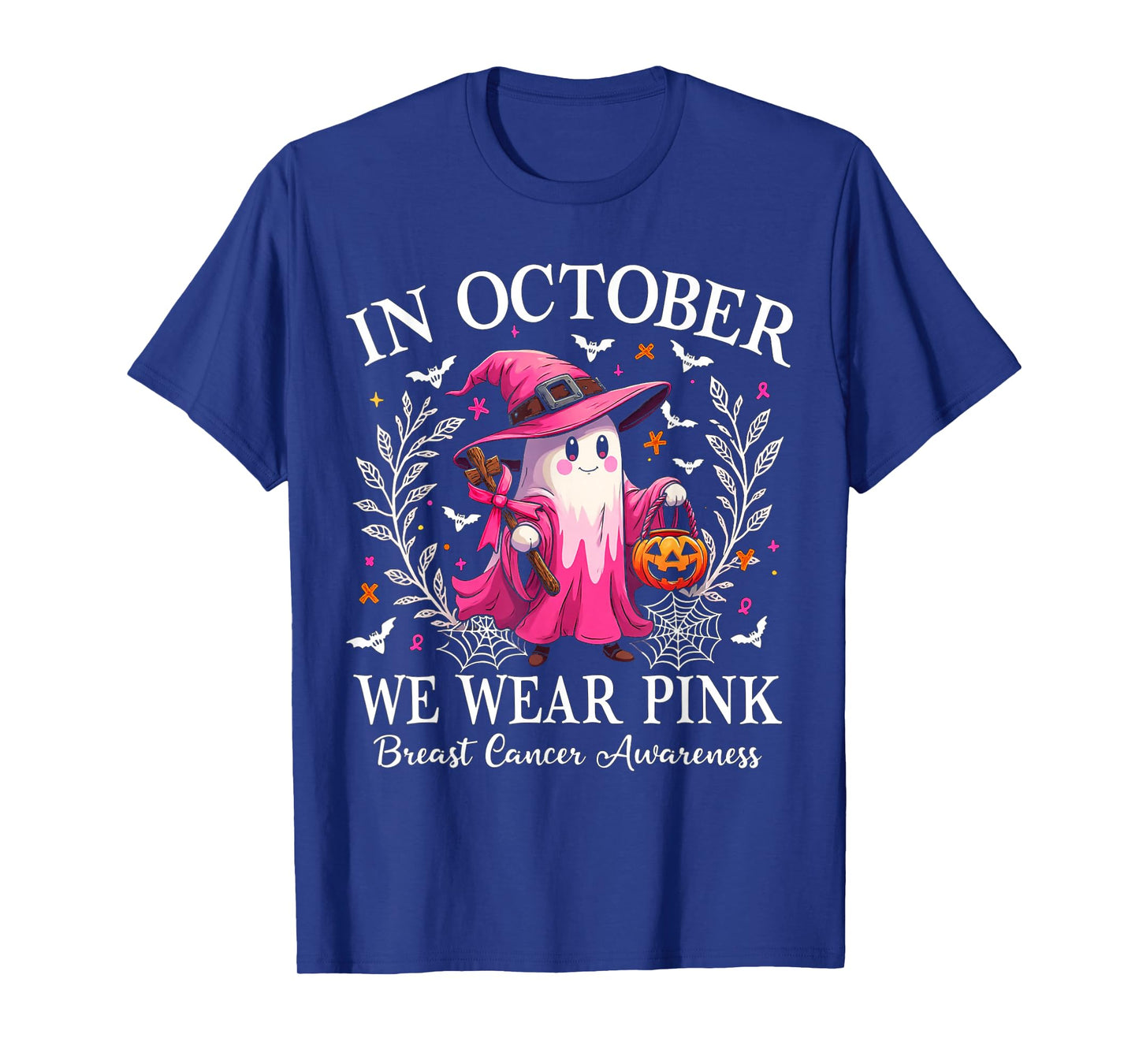 Breast Cancer Awareness 2025 Cute Pink Ghost with Witch Hat T-Shirt