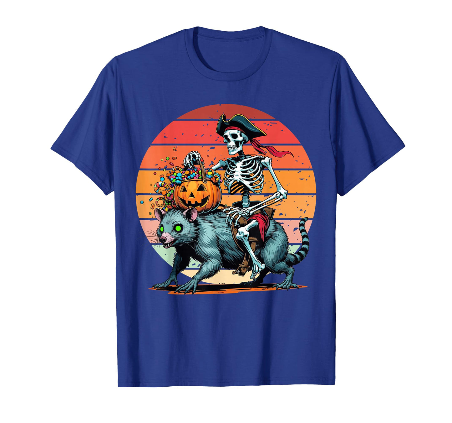 Pirate Skeleton Opossum Halloween Spooky Candy Sunset Rider T-Shirt