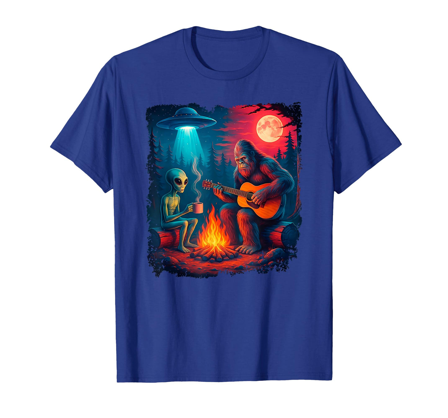 Alien and Bigfoot Campfire Moon UFO Adventure Hiking Cryptid T-Shirt