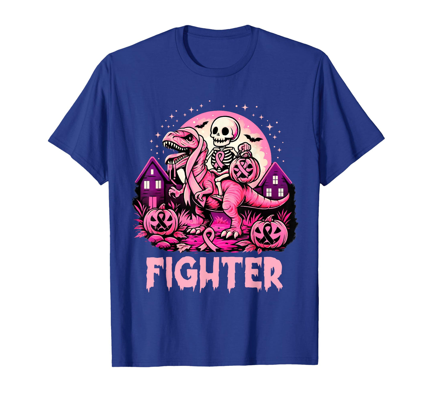 Skeleton Dinosaur T Rex Scary Pumpkin Breast Cancer Fighter T-Shirt