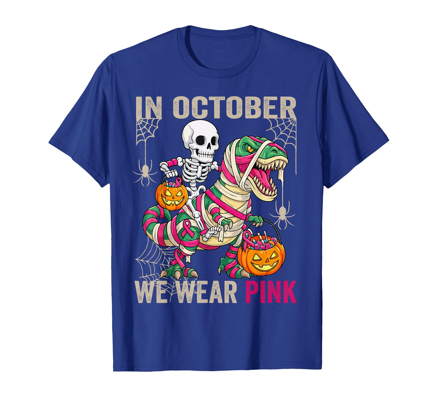 in October We Wear Pink Dinosaur Skeleton Halloween T-Shirt