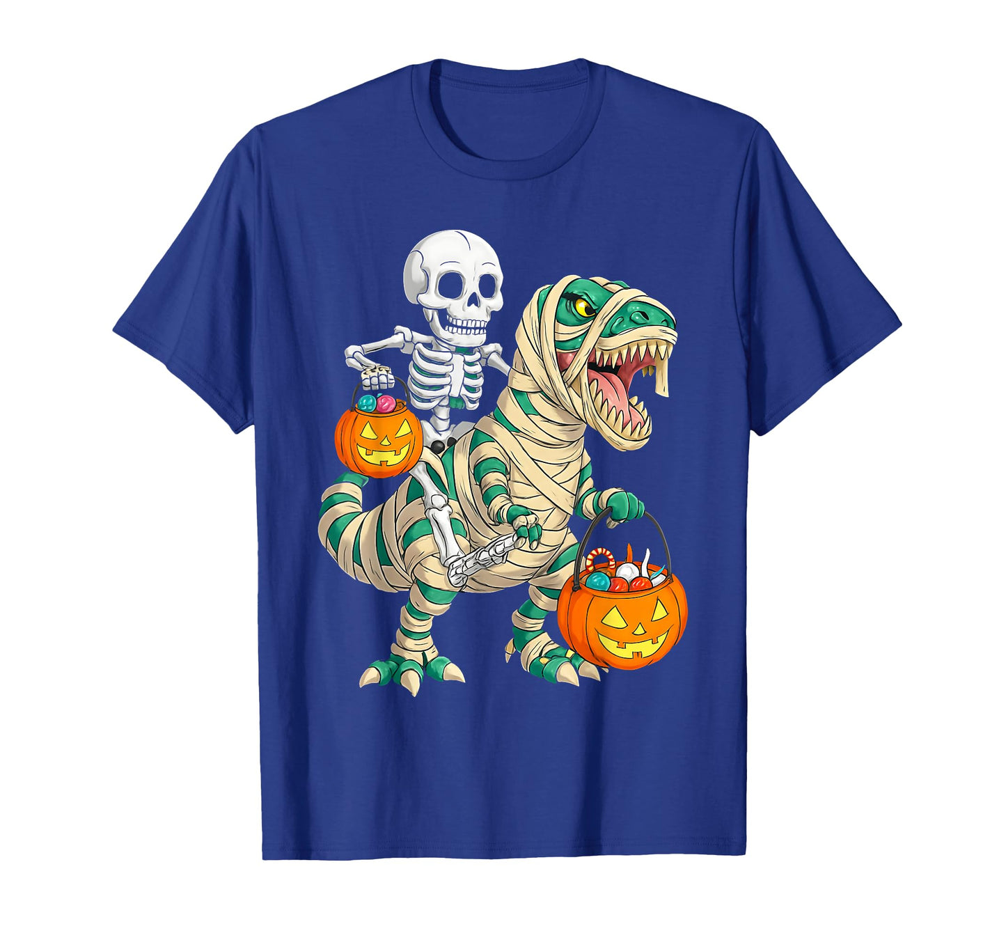 Skeleton Riding Mummy Dinosaur T rex Halloween Funny Pumpkin T-Shirt