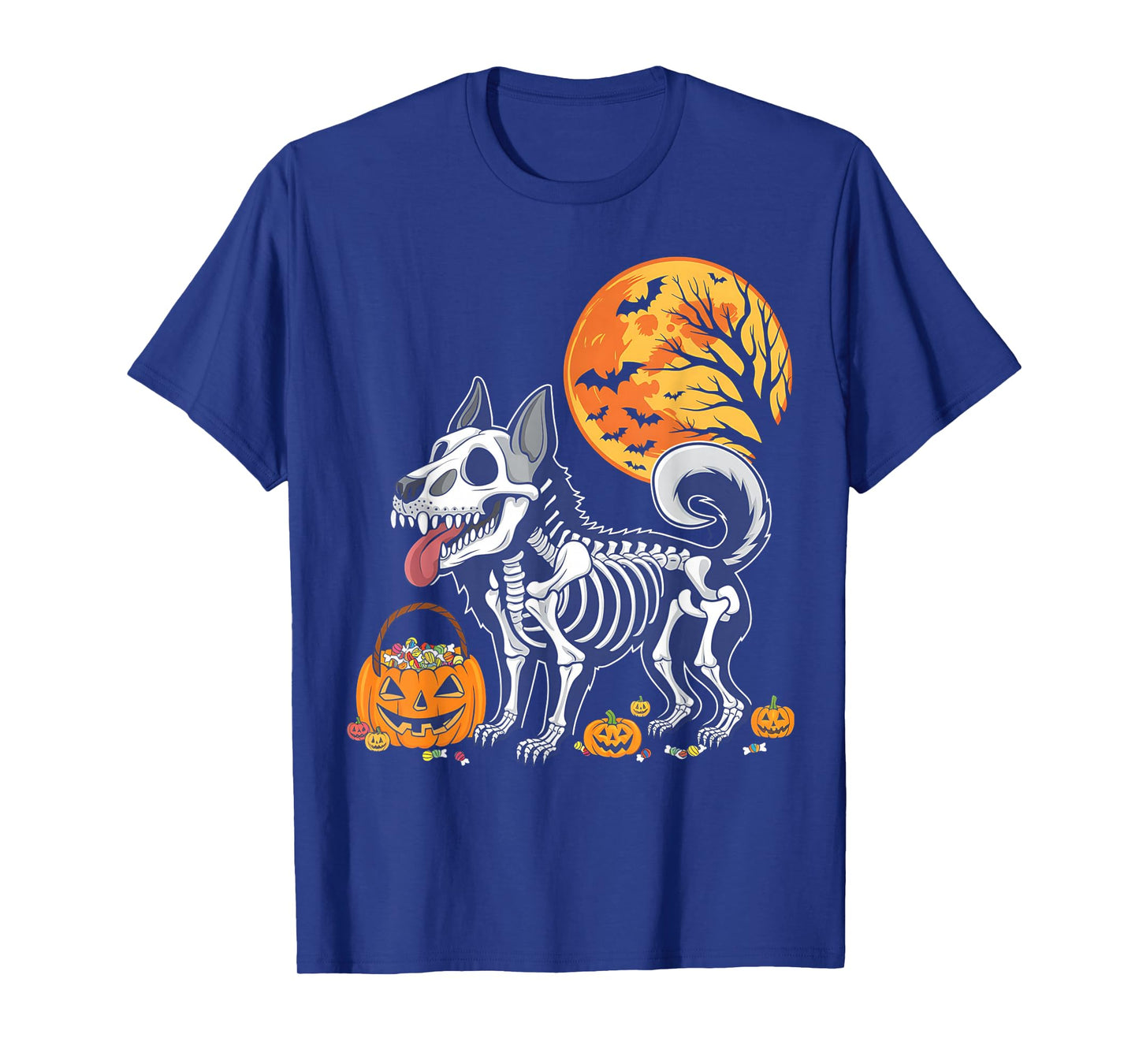 Belgian Malinois Dog Skeleton Scary Pumpkin Moon Halloween T-Shirt