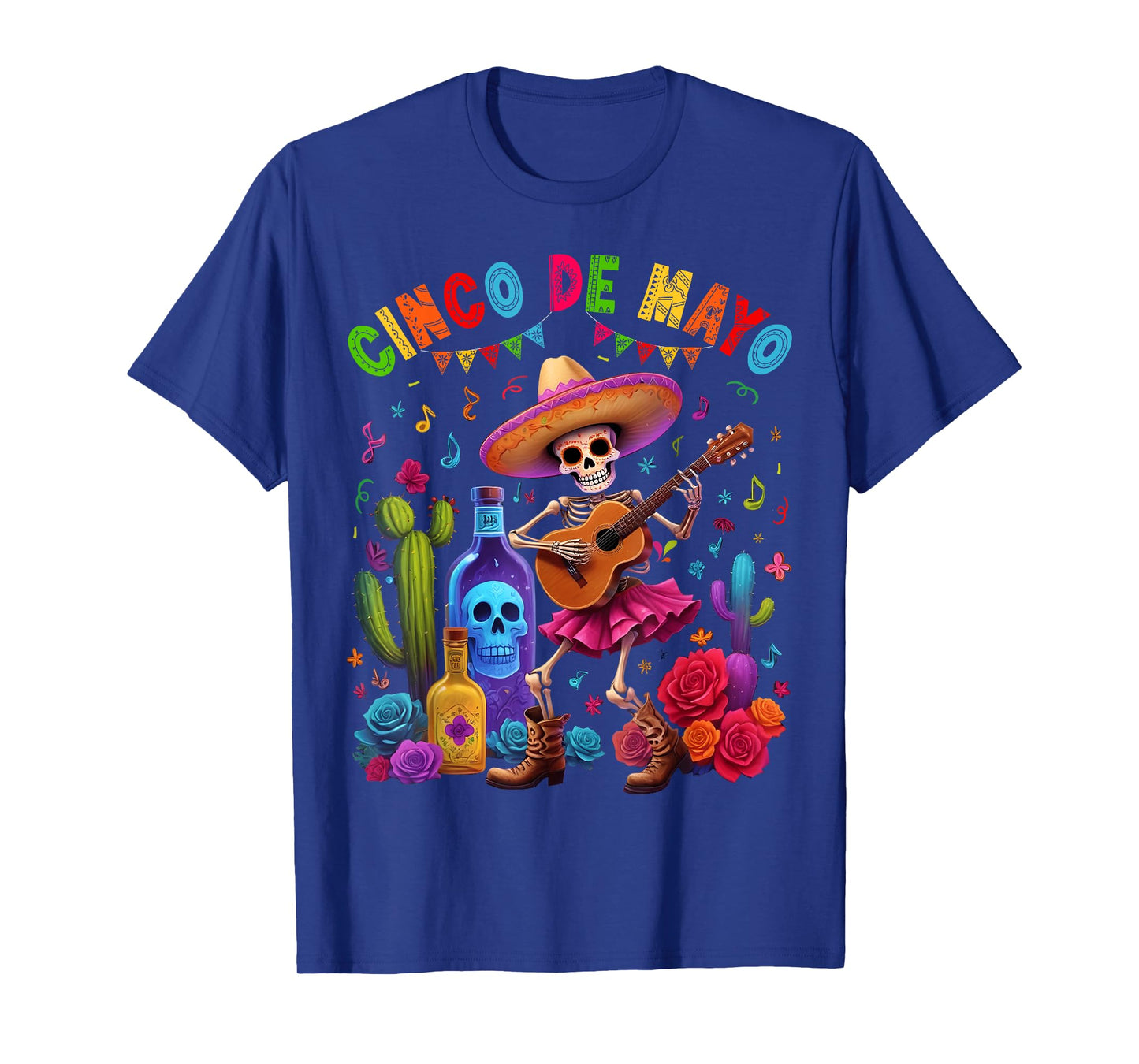 Cinco De Mayo Fiesta Funny Mexican Skeleton Guitar Men Women T-Shirt