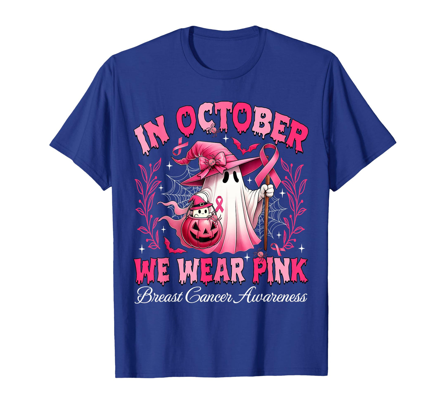 in October We Wear Pink Ghost Witch Breast Cancer Awareness T-Shirt