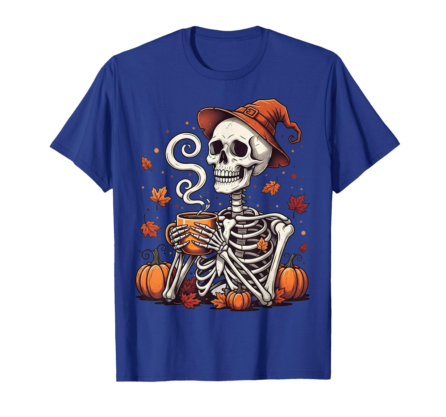Comfy Skeleton Drinking Coffee – Funny Spooky Halloween T-Shirt