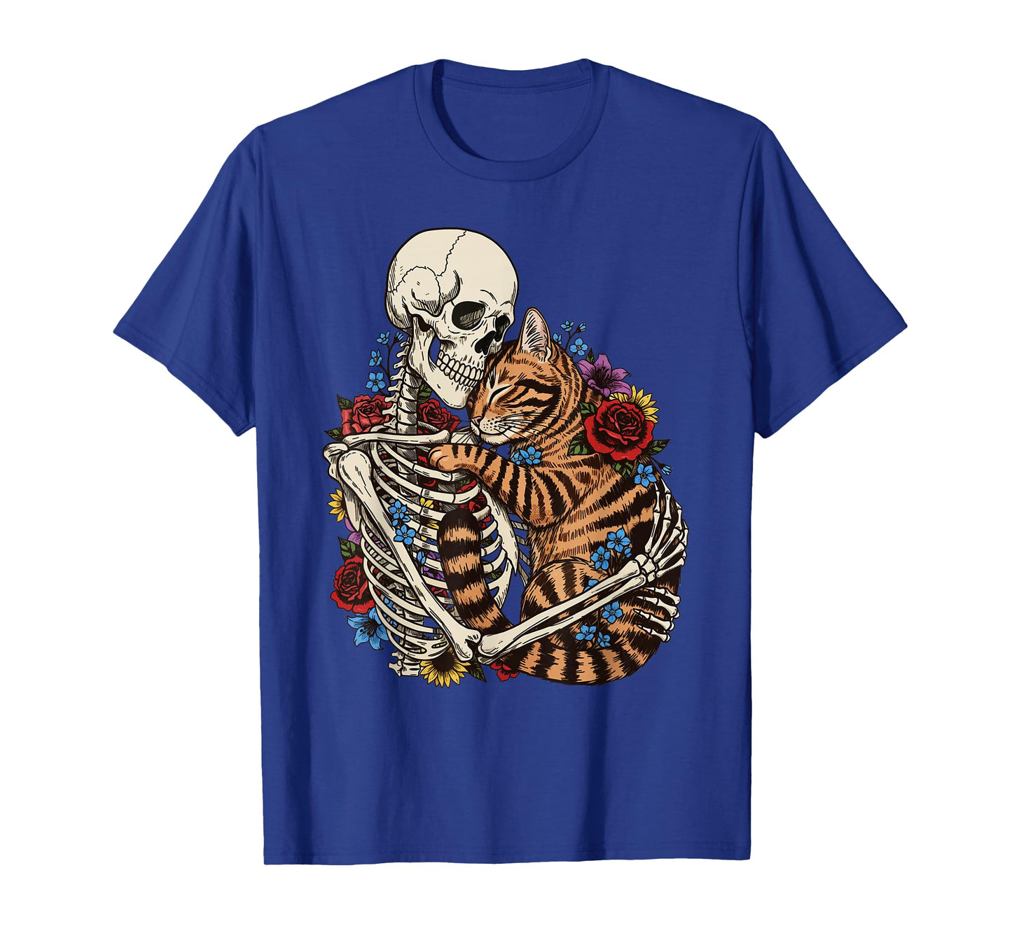 Skeleton Hugging Cat Halloween Cat Lover Flowers Men Women T-Shirt