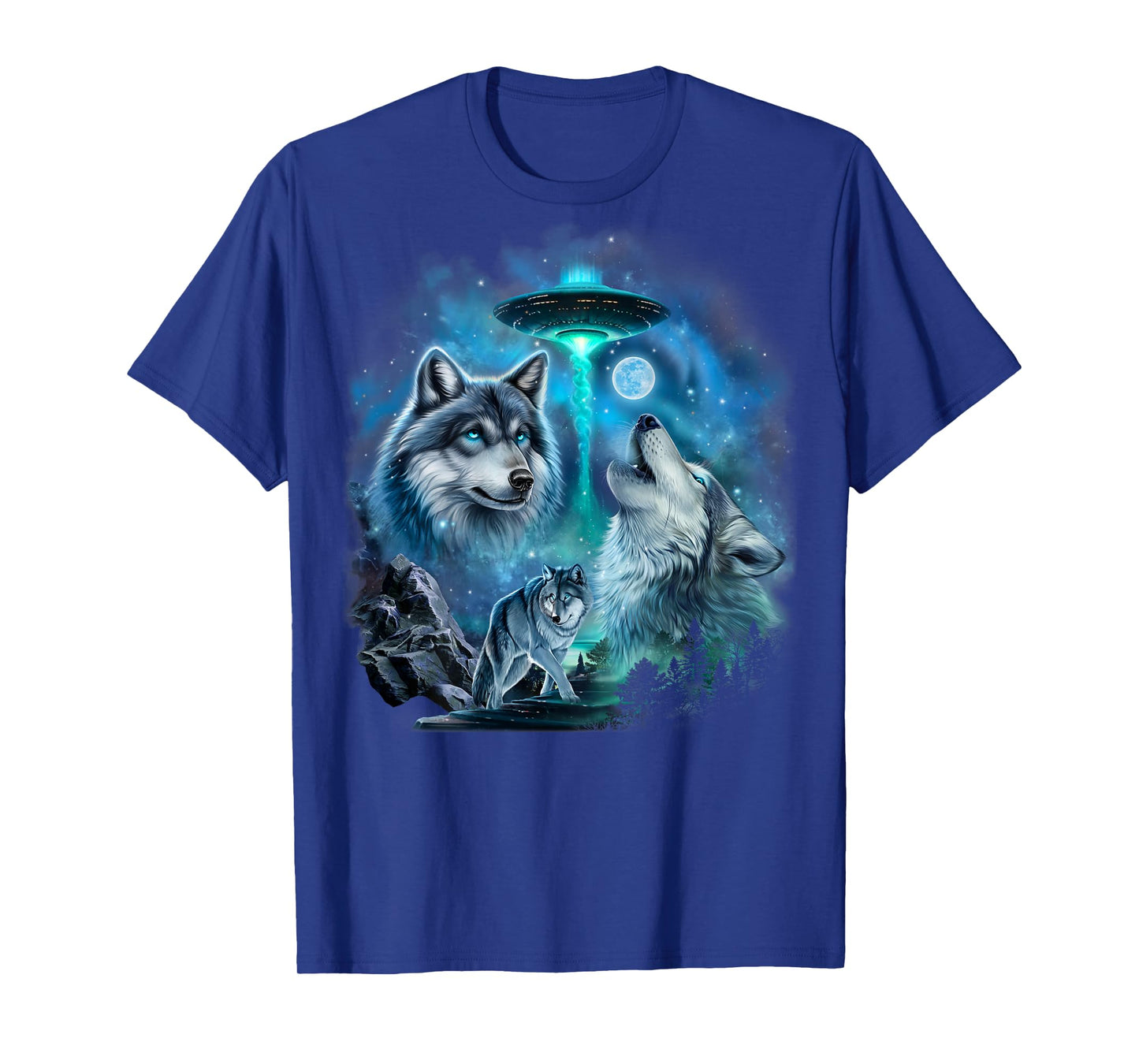 Alien Wolf Howling Moon UFO Galaxy Forest Night Art T-Shirt