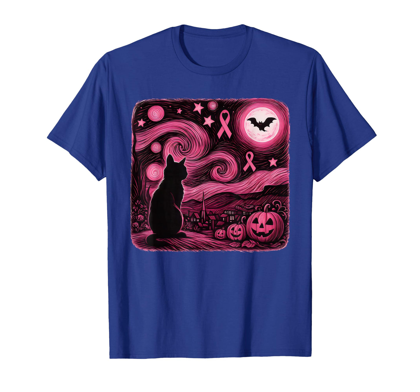 Pink Van Gogh Cat Halloween Breast Cancer Awareness Women T-Shirt
