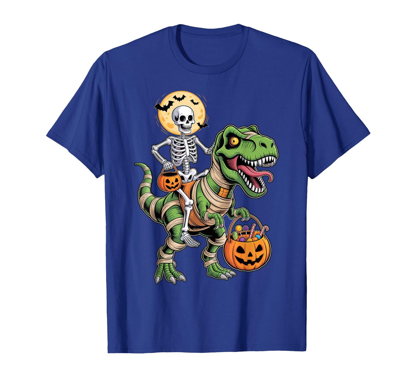 Skeleton Riding Mummy Dinosaur Pumpkin Spooky Trex Halloween T-Shirt