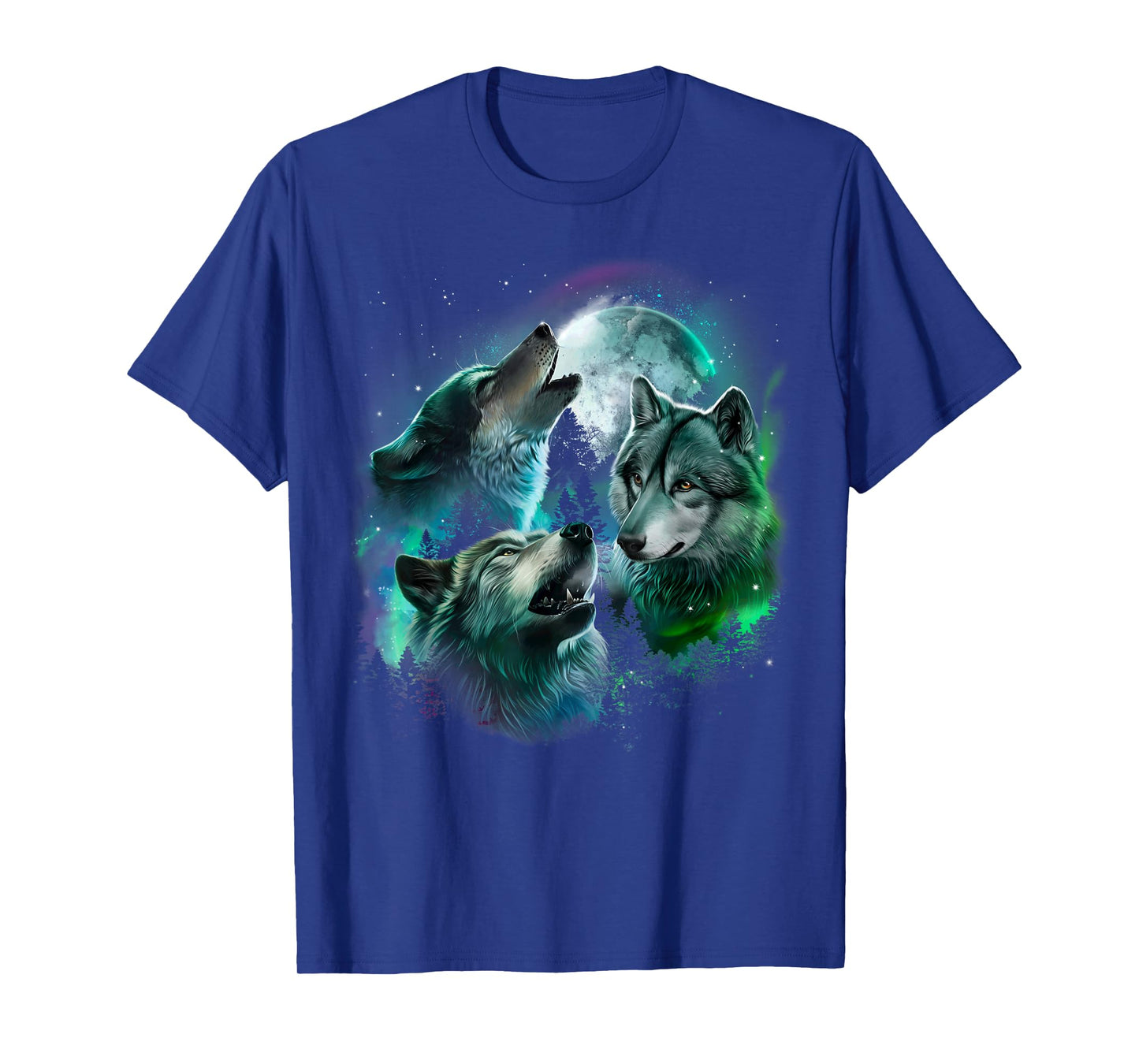 Grey Wolf Hunting in the Forest under Full Moon and Aurora T-Shirt