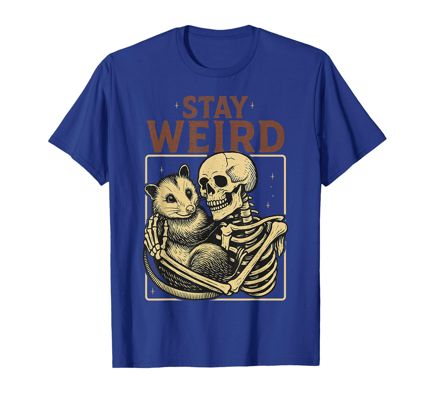 Skeleton Hugging Opossum Stay Weird Vintage Humor Possum T-Shirt