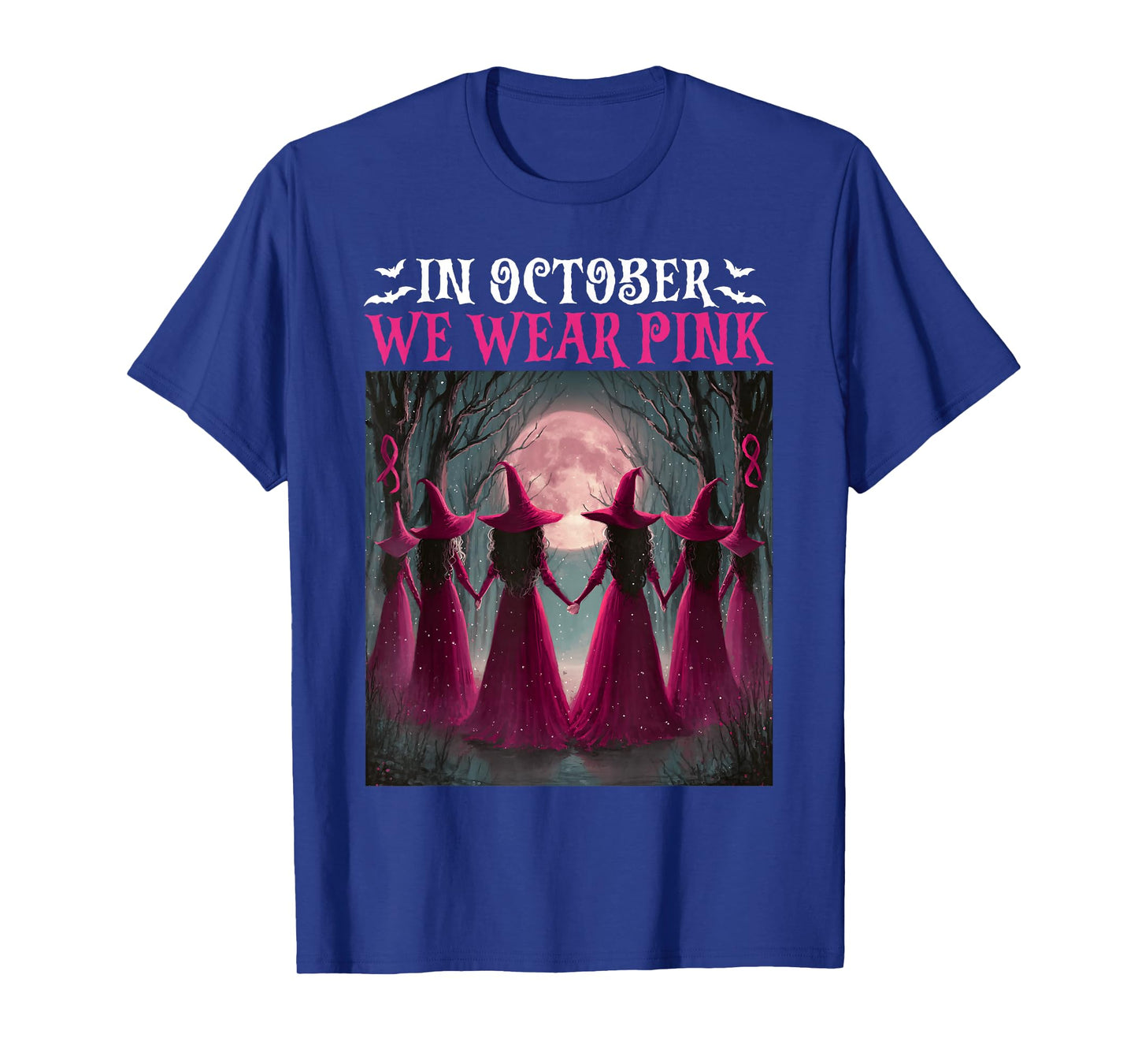 in October We Wear Pink Witch Women Halloween Breast Cancer T-Shirt