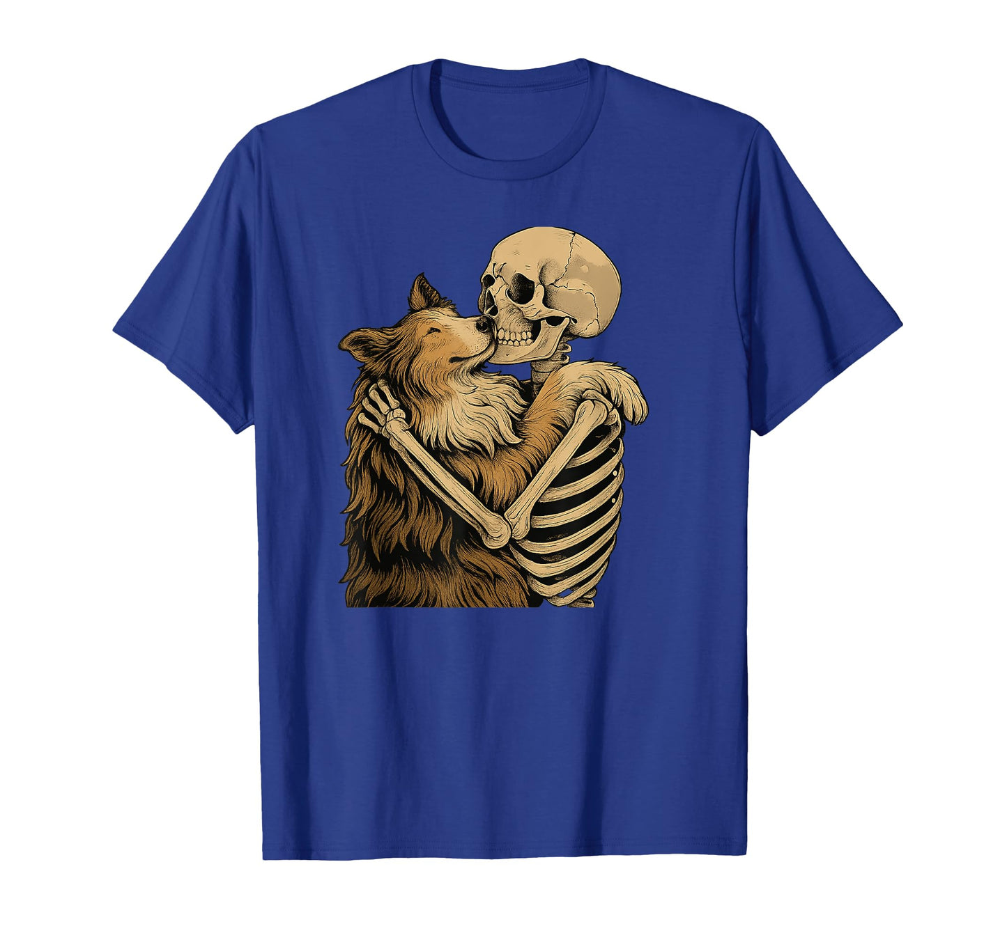 Skeleton Hugging Sheltie Dog Halloween T-Shirt