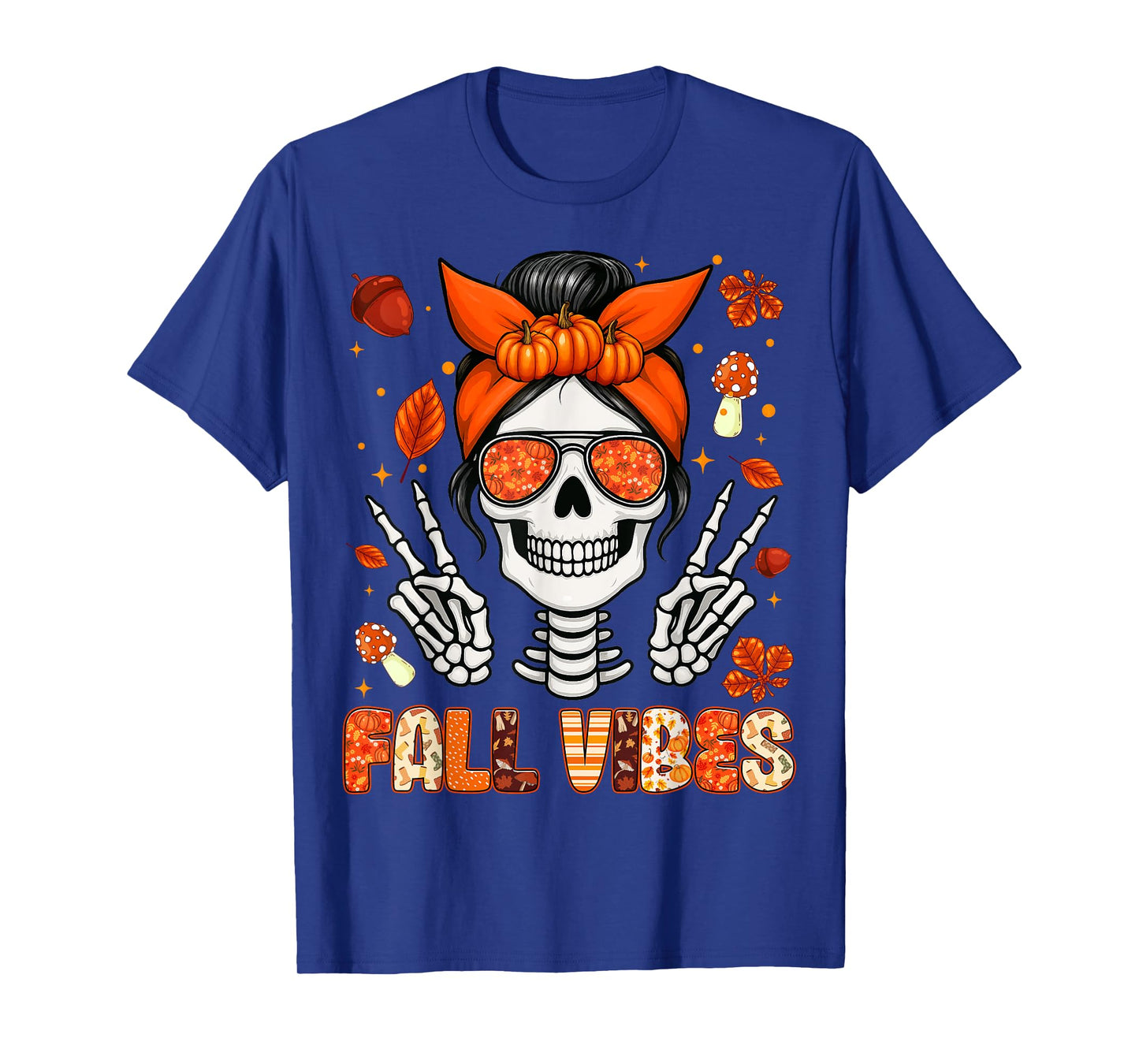 Fall Vibes Messy Bun Skeleton Autumn Maple Leaf Womens Girls T-Shirt