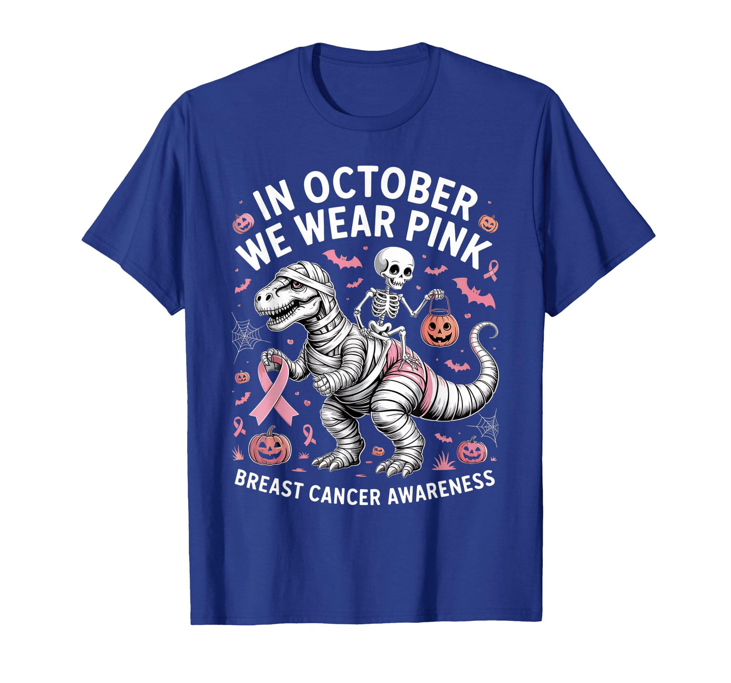 in October We Wear Pink Dinosaur Skeleton Breast Cancer T-Shirt