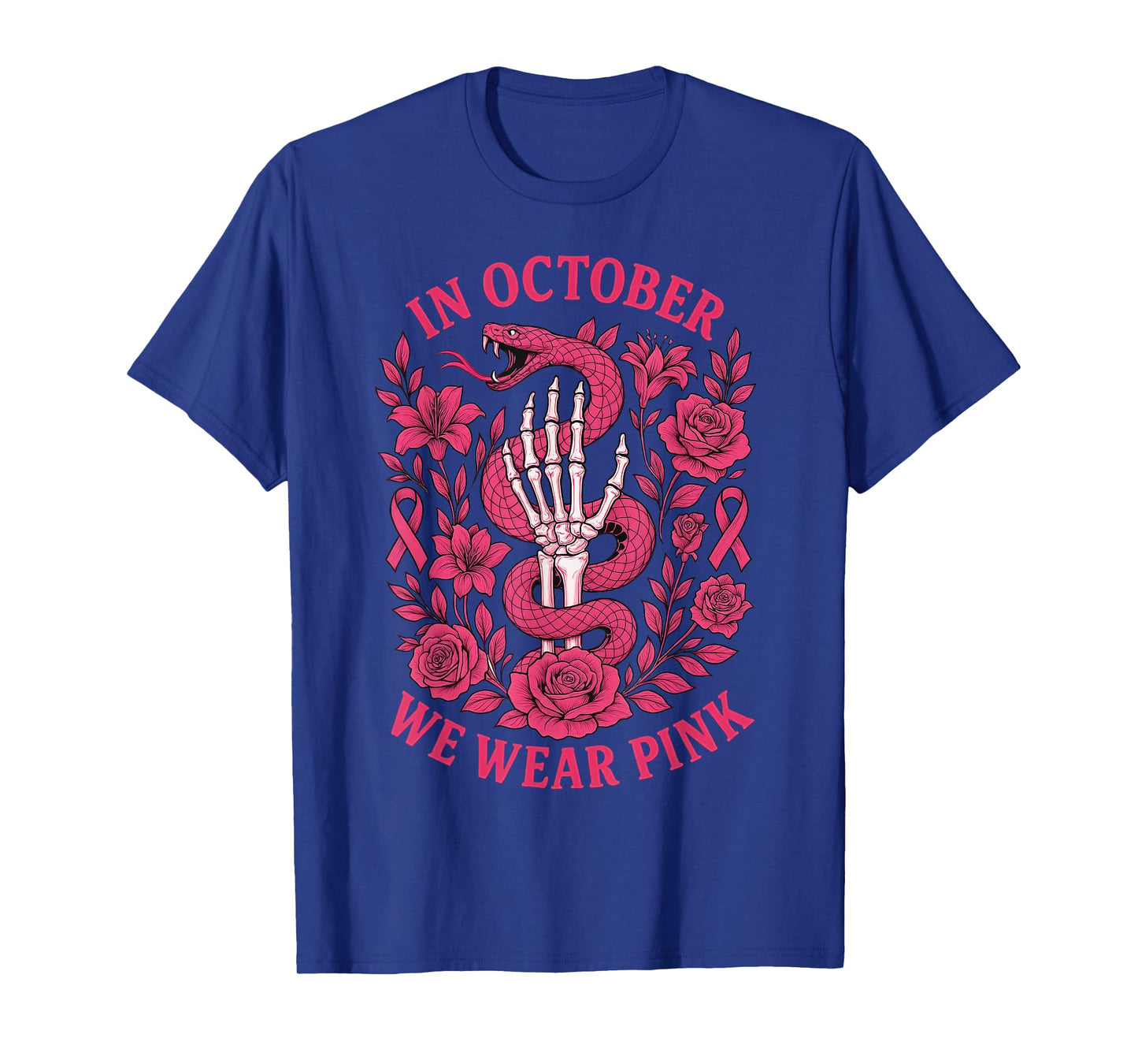 in October We Wear Pink Ribbon Snake Skeleton Hand Womens T-Shirt