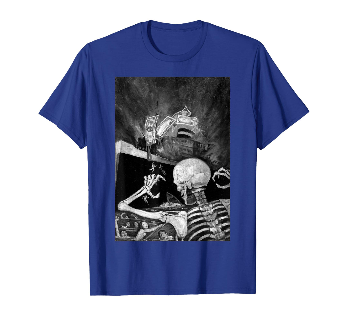 Skeleton Greed Ship Disaster Burning Money Pulp Horror Scene T-Shirt