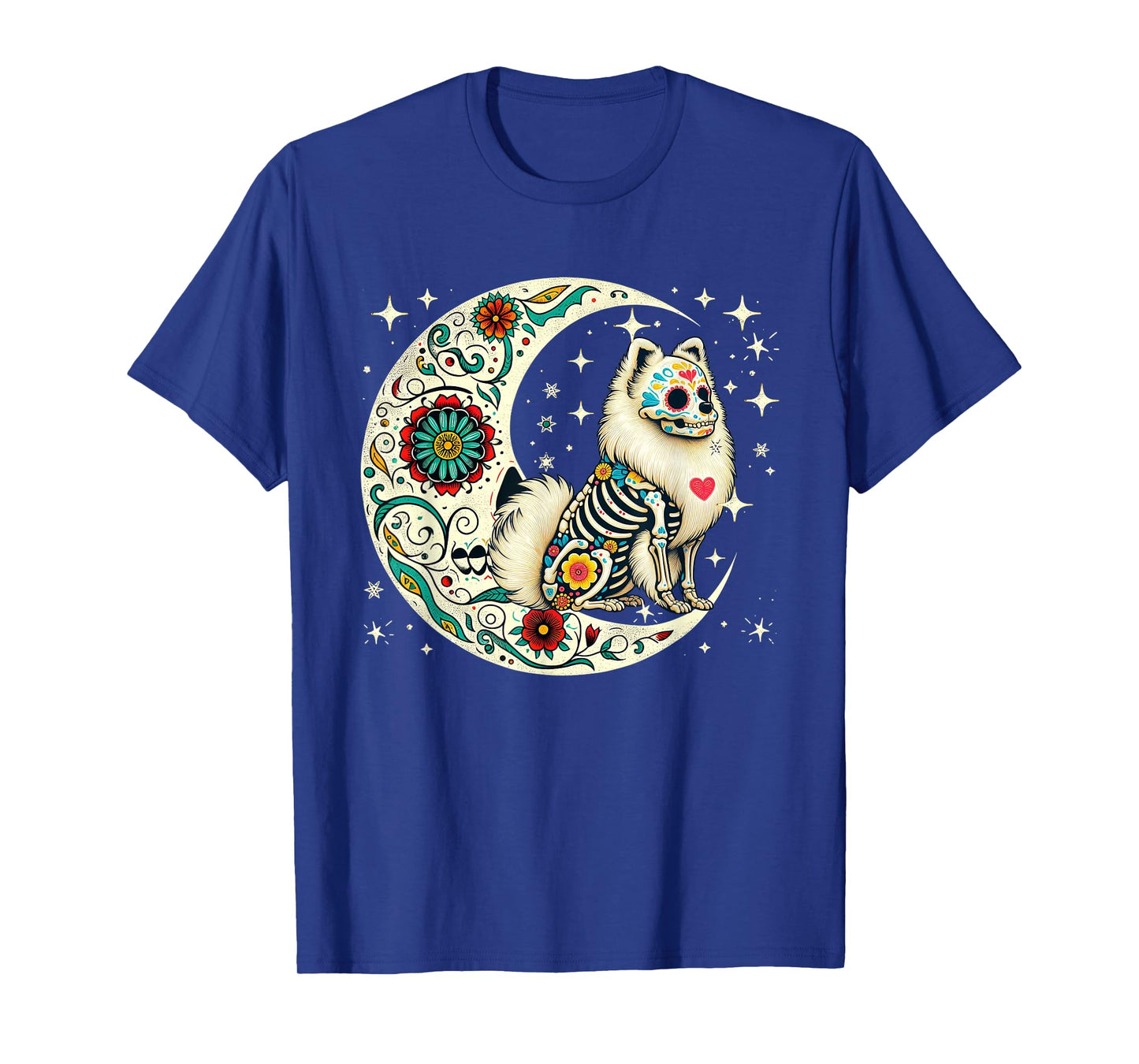 Dia De Los Muertos Halloween Moon Floral Skeleton Pomeranian T-Shirt