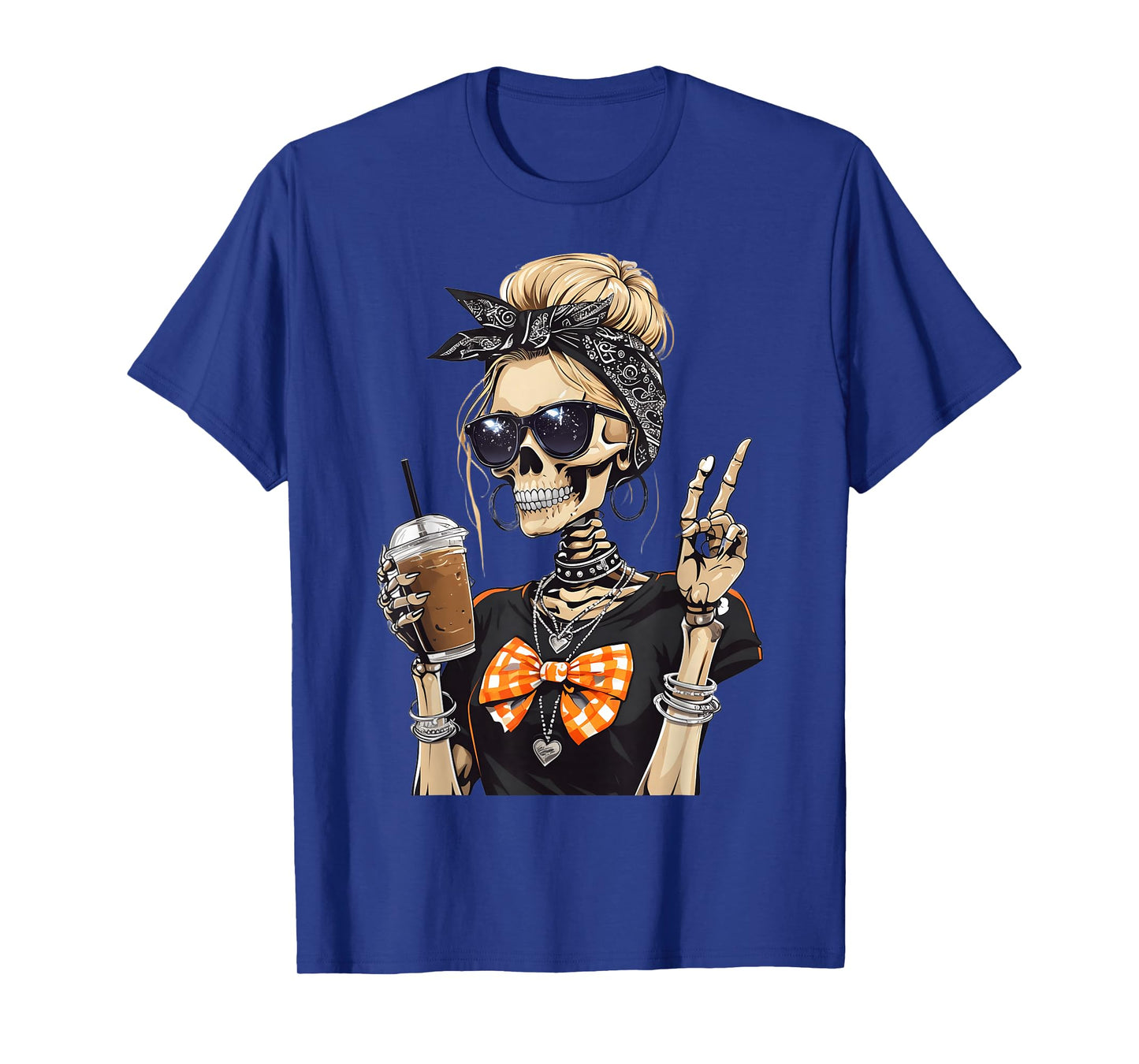 Skeleton Girl Drinking Coffee Peace Sign Graphic for Women T-Shirt