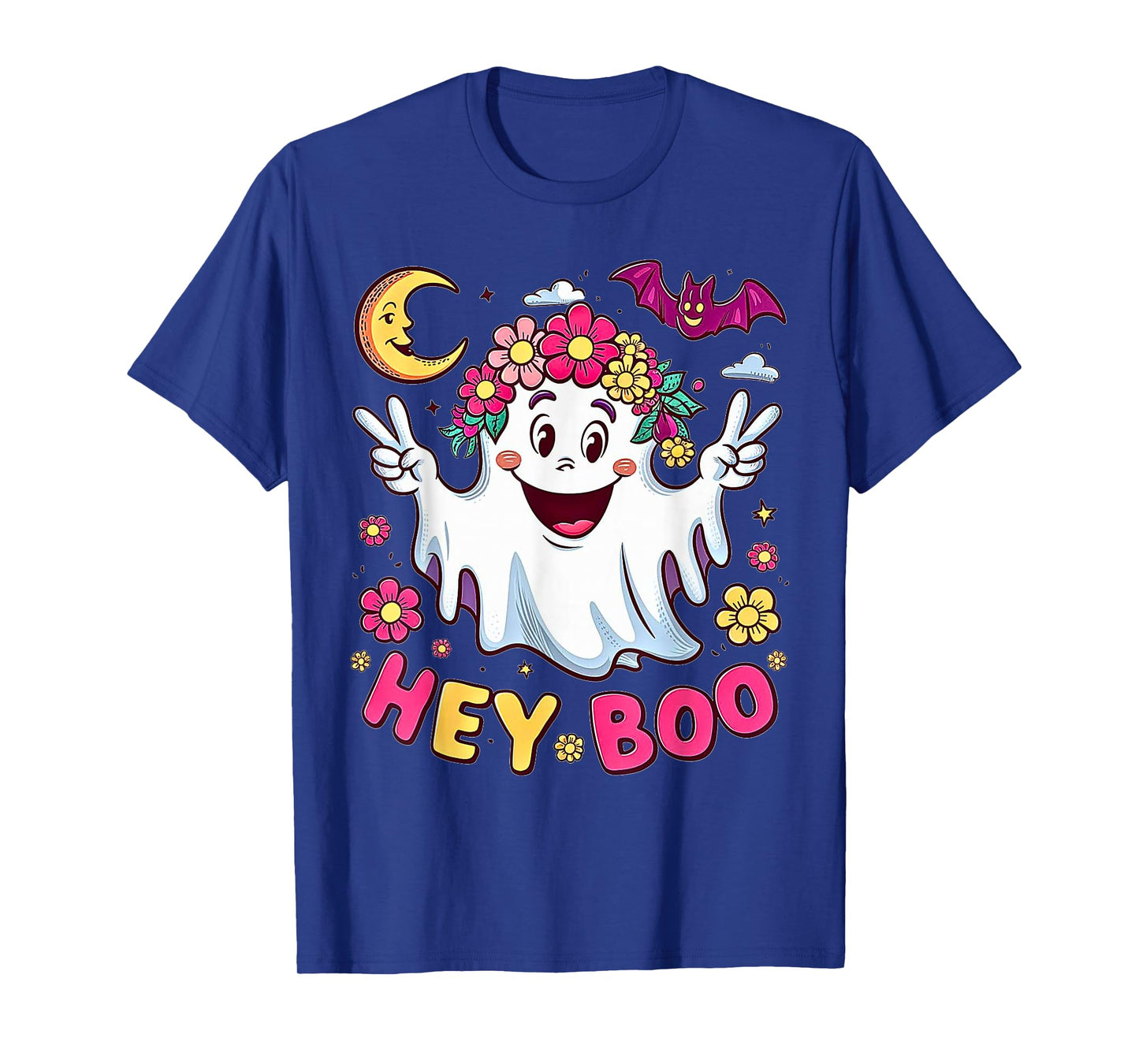 Hey Boo Cute Ghost Design with Flowers for Halloween T-Shirt