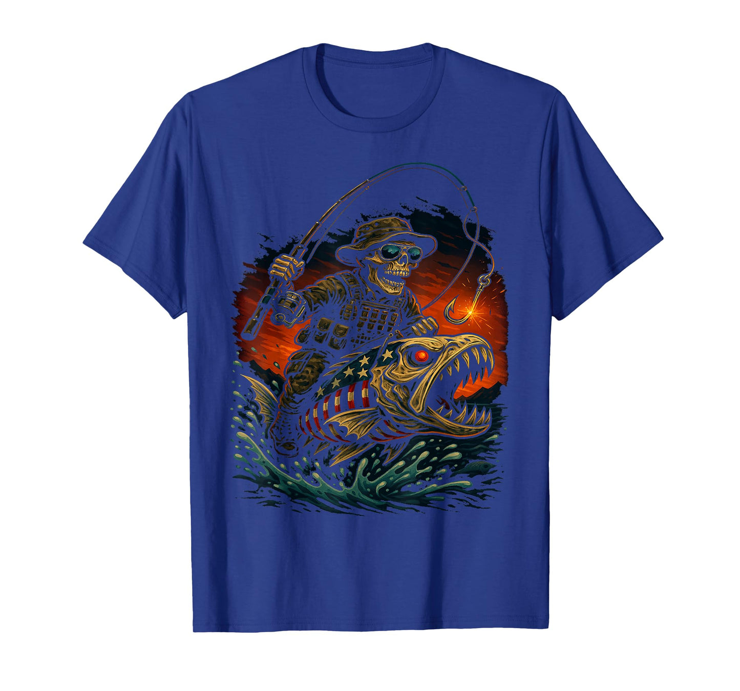 Fishing American Flag Bass Fish Skull Skeleton Fisherman T-Shirt