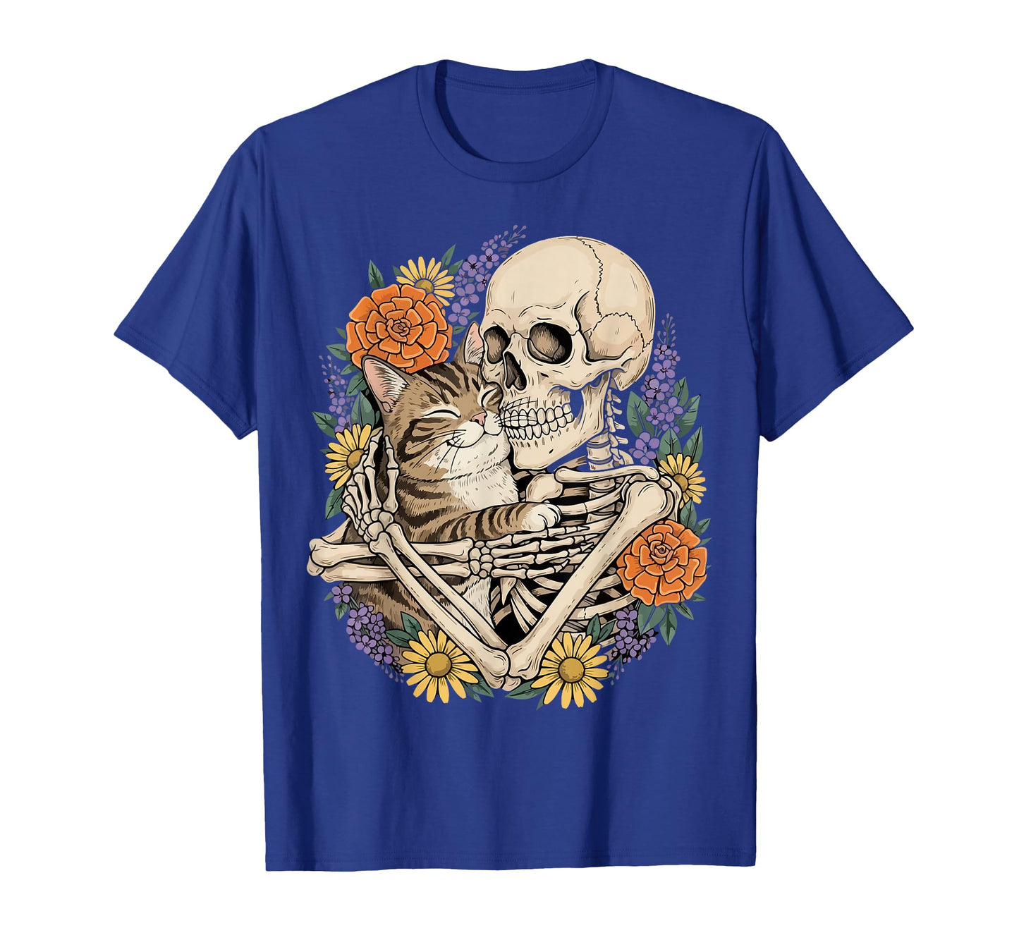 Skeleton Hugging Cat Floral Halloween Cats Lover T-Shirt