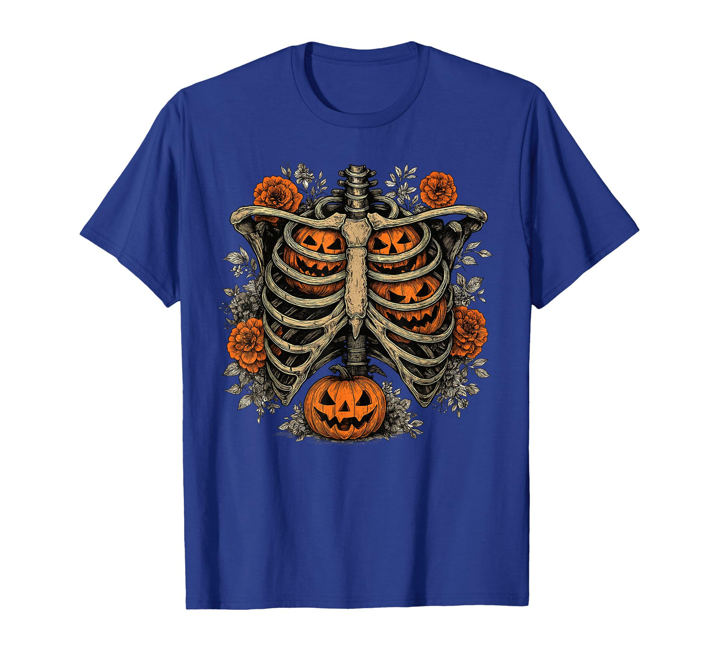 Retro Skeleton Floral Ribcage Pumpkin Fall Halloween Costume T-Shirt