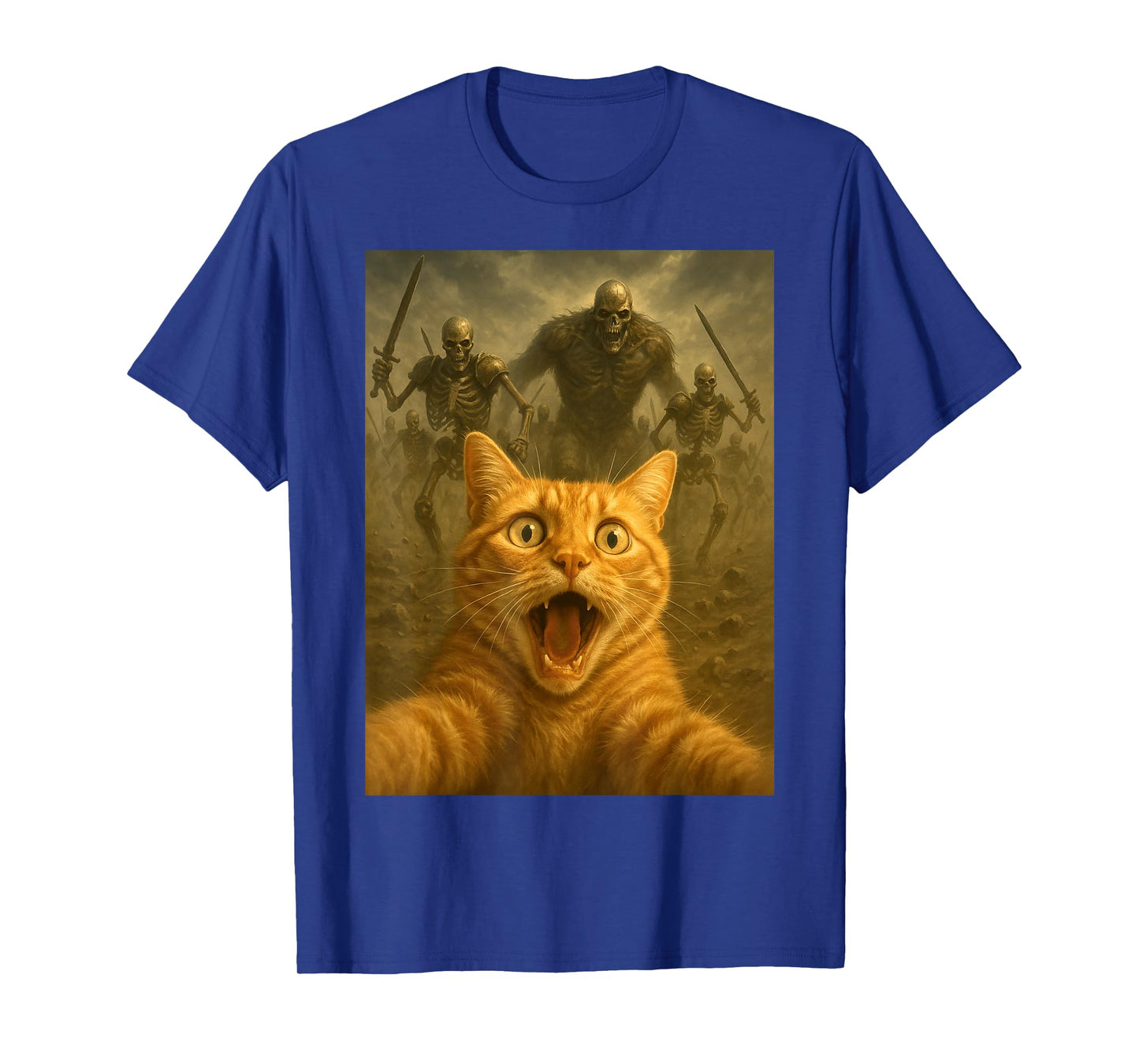 Scared cat Selfie with Skeleton Army Funny Halloween Outfit T-Shirt